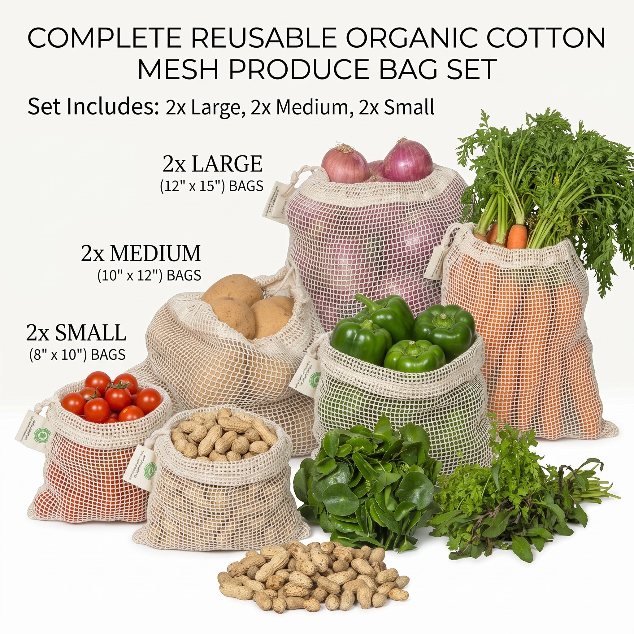 Mesh Produce Bags - Organic Cotton - 6 Bag Set