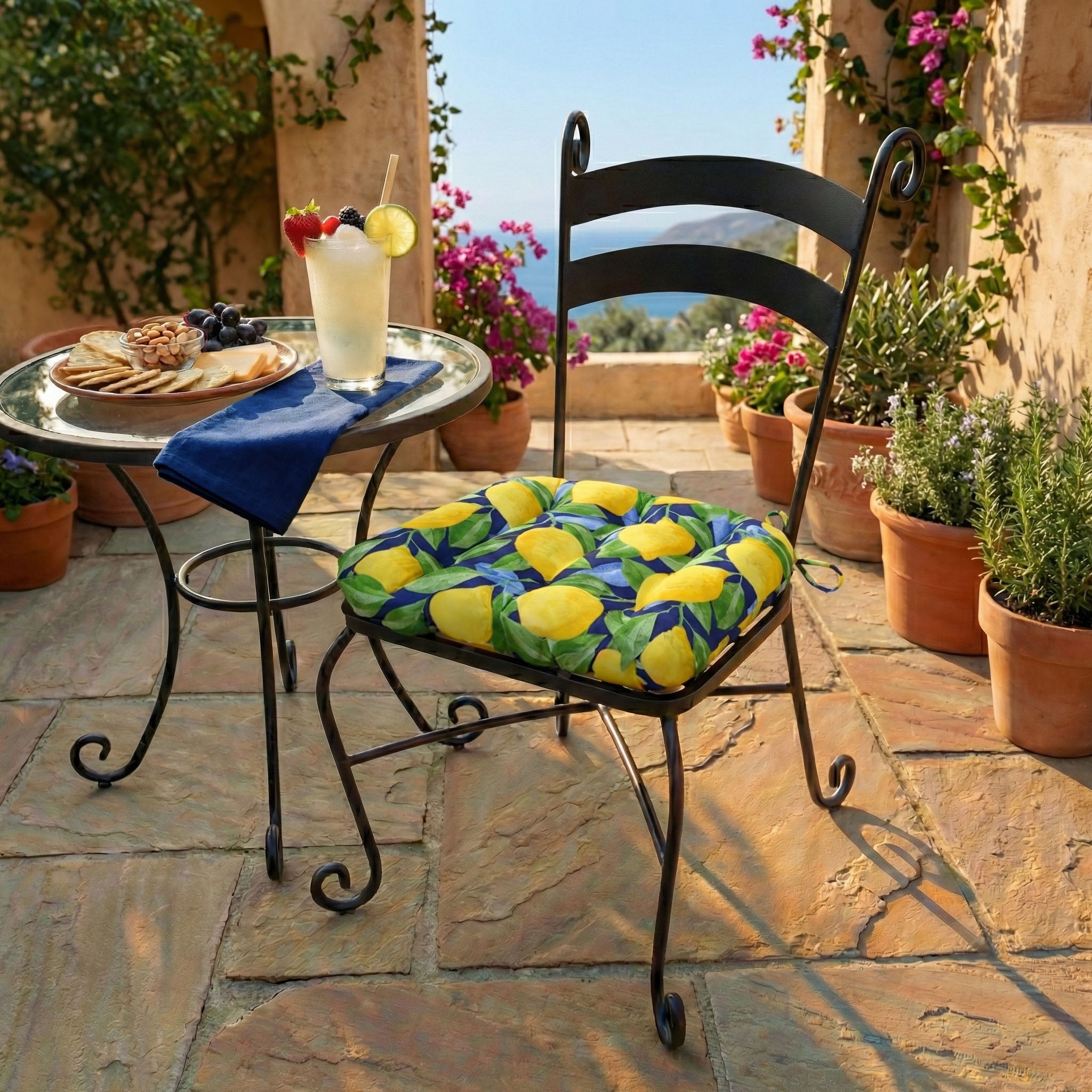 Lemons Blue Indoor / Outdoor Dining Chair Cushions - Latex Foam Fill
