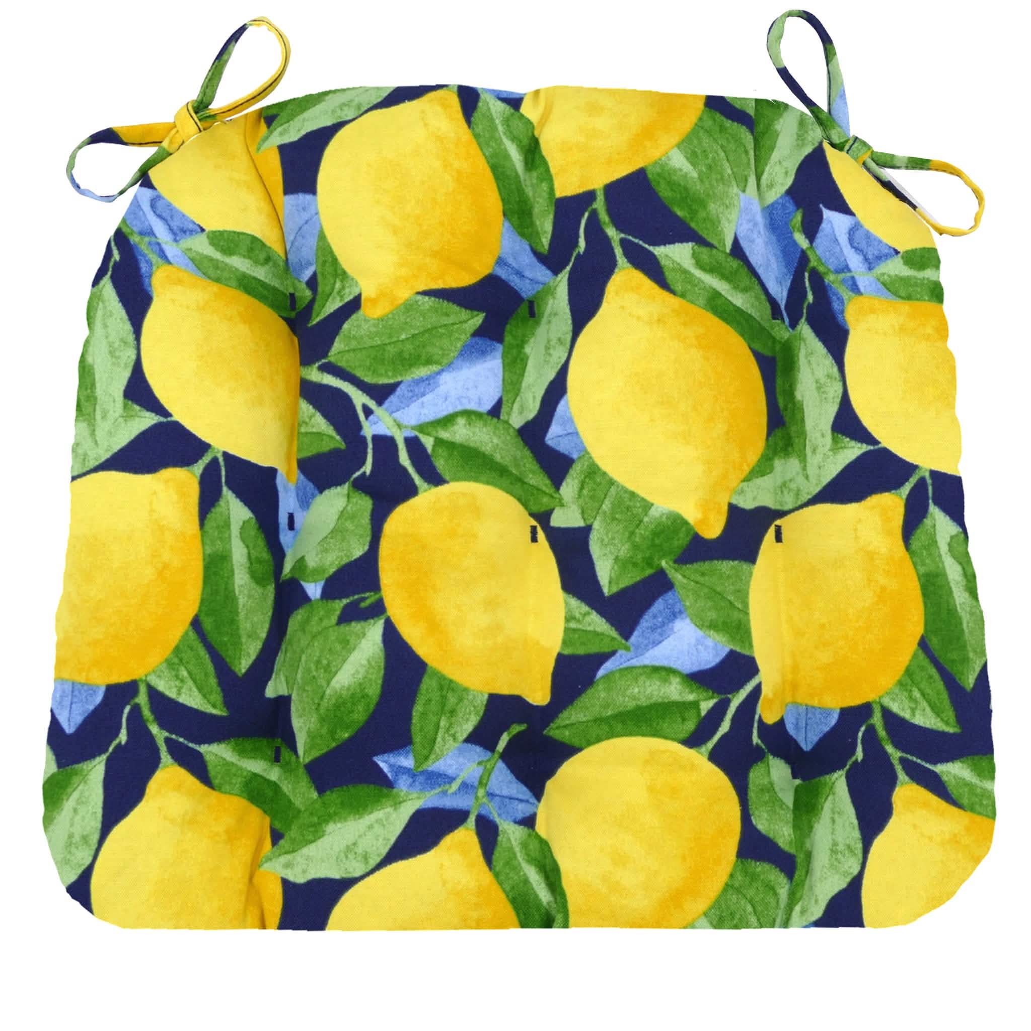 yellow lemons print fabric dining chair cushions with navy blue background