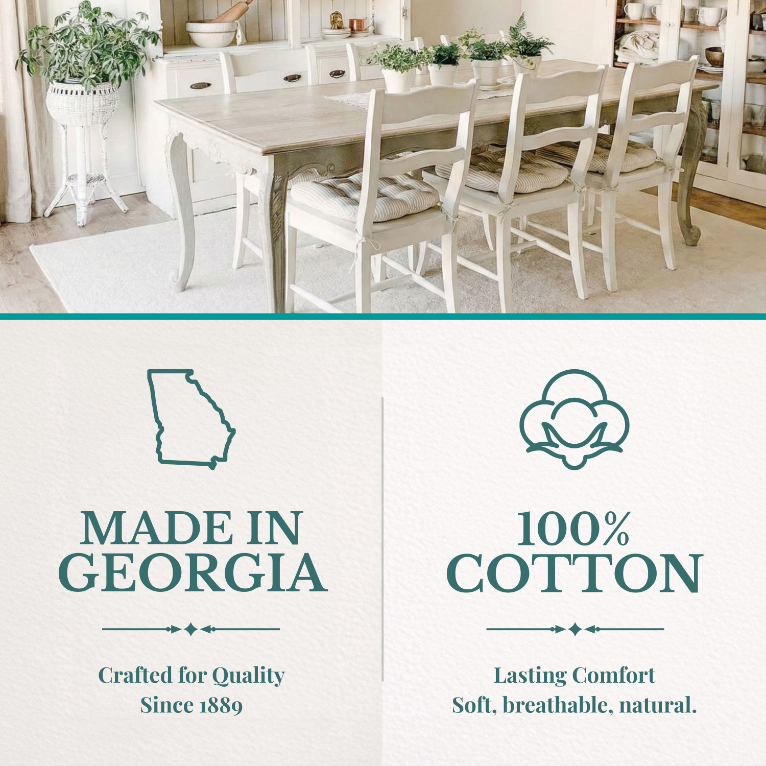 Dining room chair cushions, featuring 'Made in Georgia' and '100% Cotton' text.