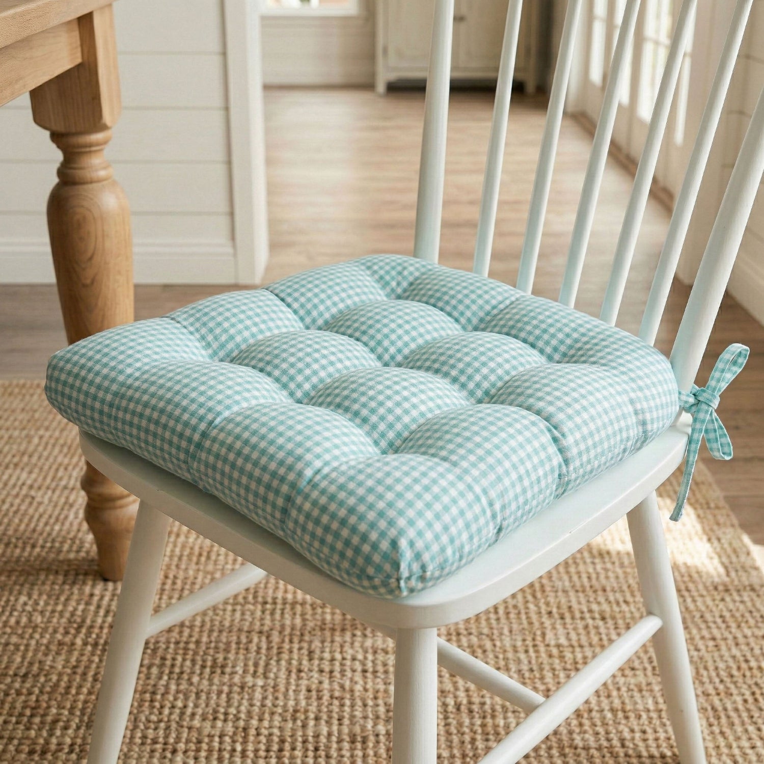 Madrid Aqua Gingham Dining Chair Pads - Latex Foam Fill, Reversible