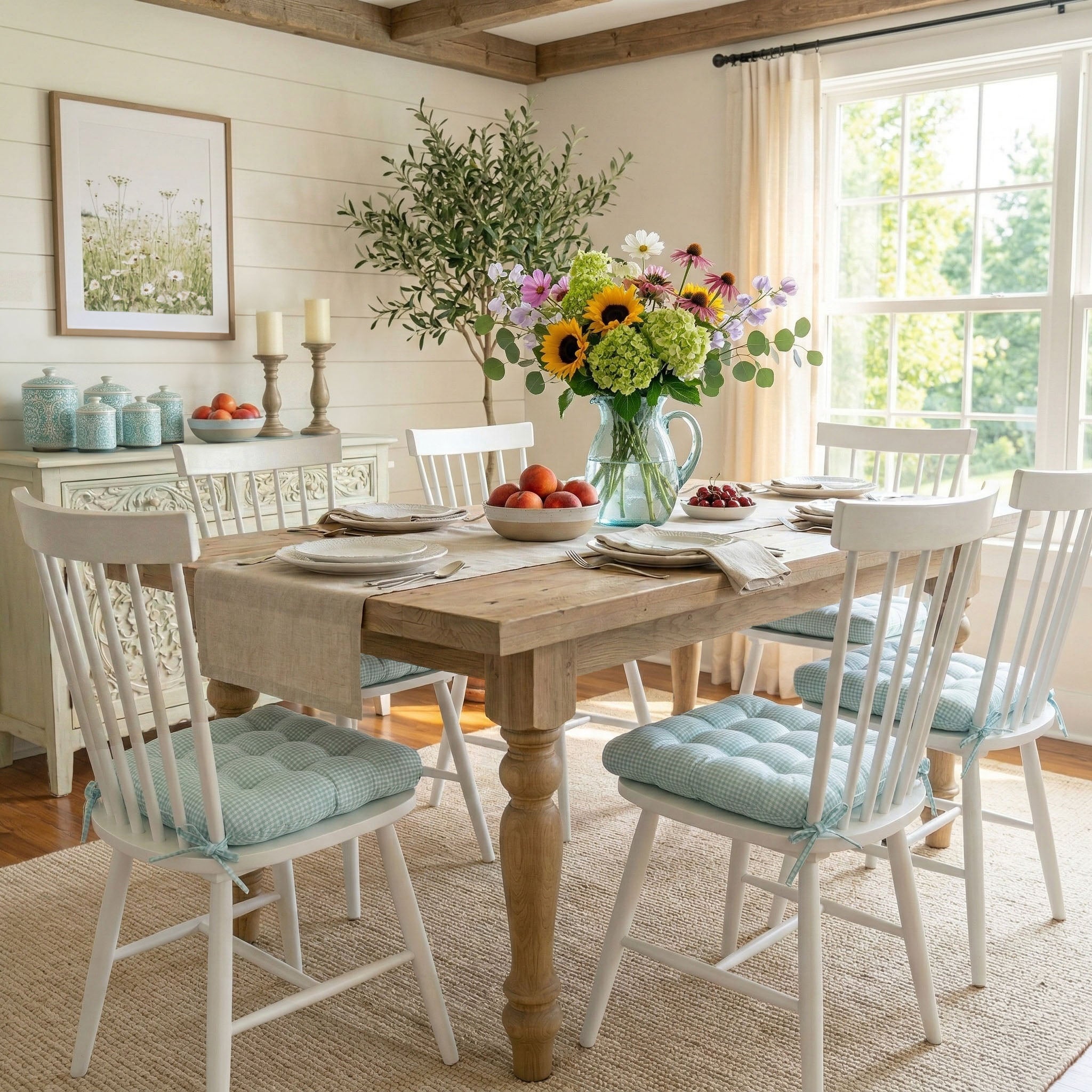 Madrid Aqua Gingham Dining Chair Pads - Latex Foam Fill, Reversible