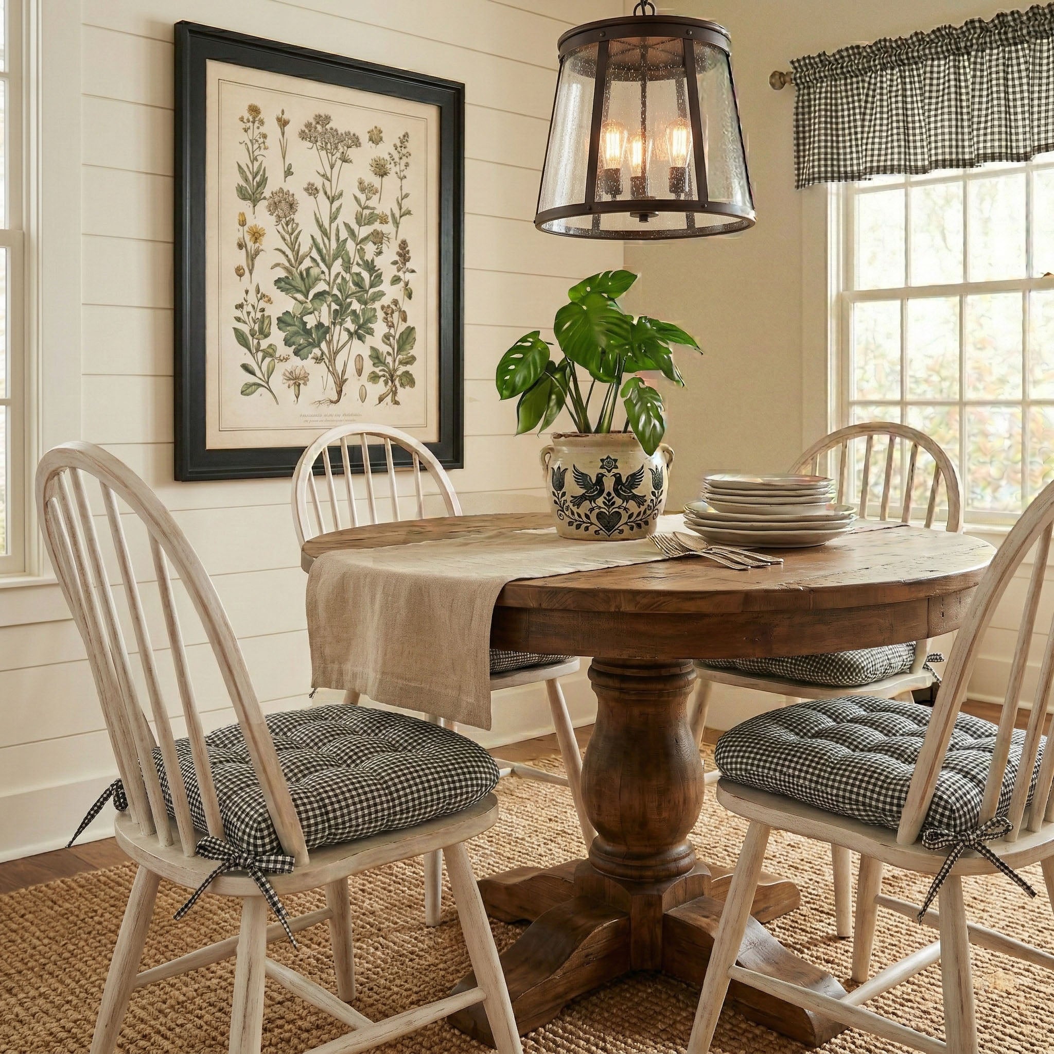 modern farmhouse dining room with black gingham dining chair cushions and pennsylvania dutch crock