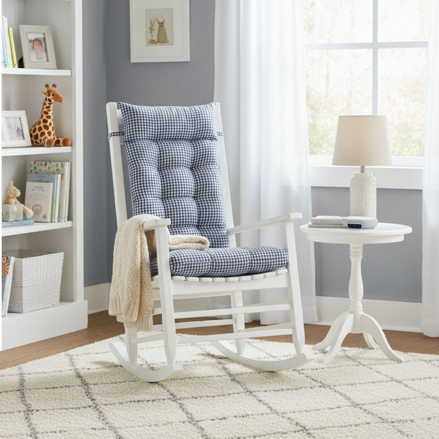 blue gingham nursery rocker cushions