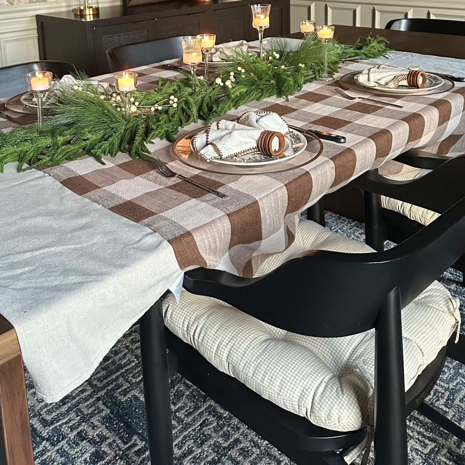 beige gingham dining room chair cushions in rustic dining room styled by kate duval