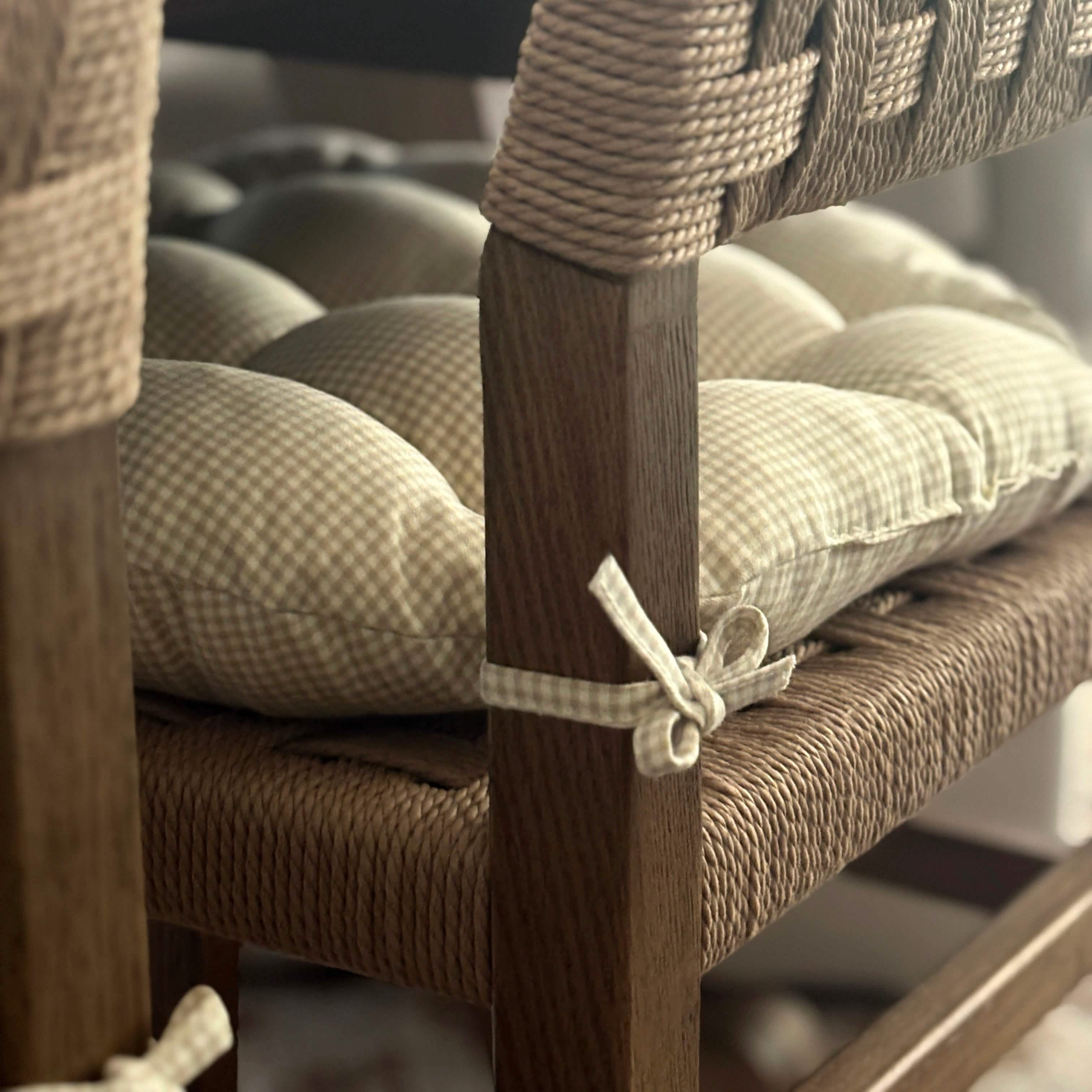 Madrid natural gingham dining chair cushions in elegant dining room setting styled by Molly Saint