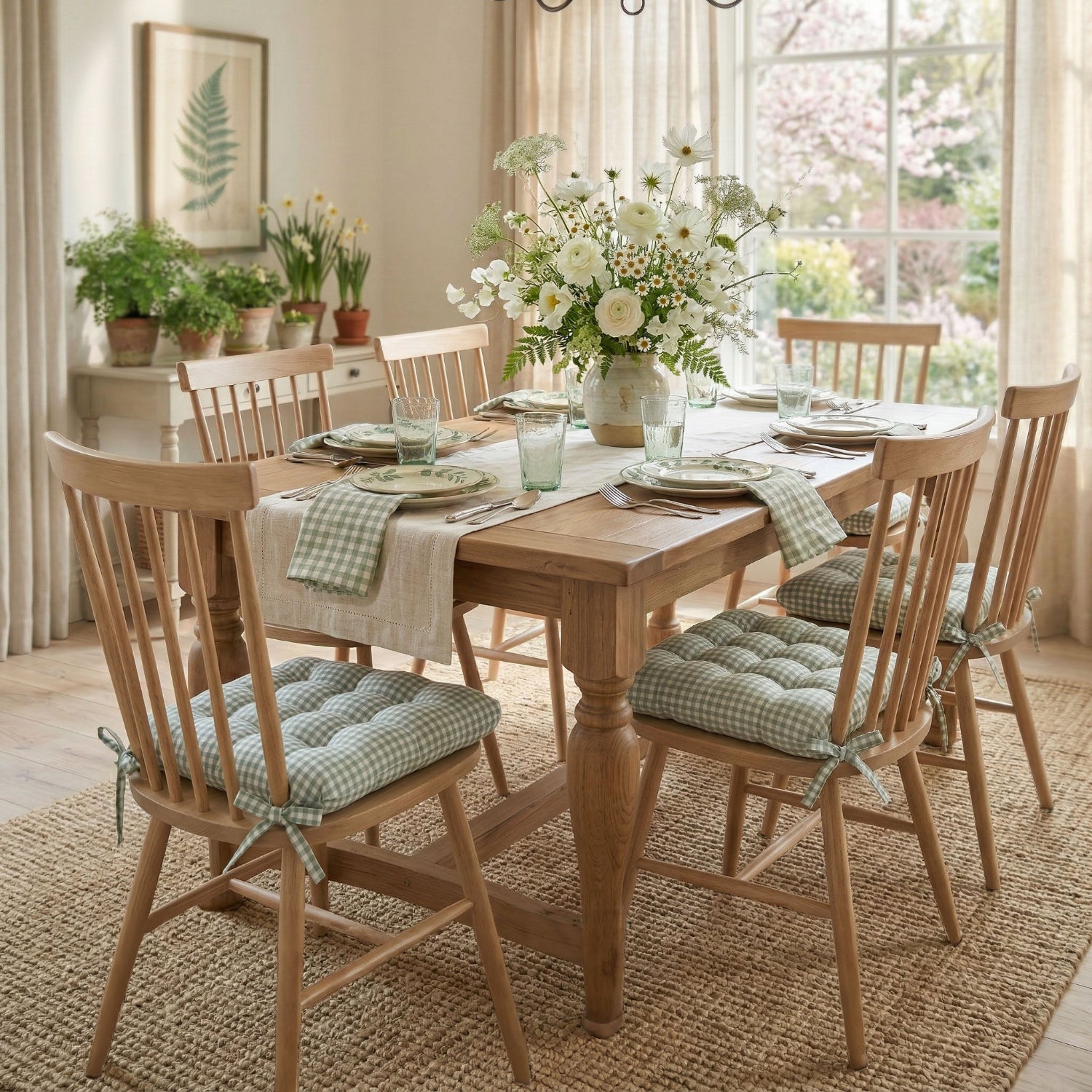 green gingham dining chair cushions in natural dining room