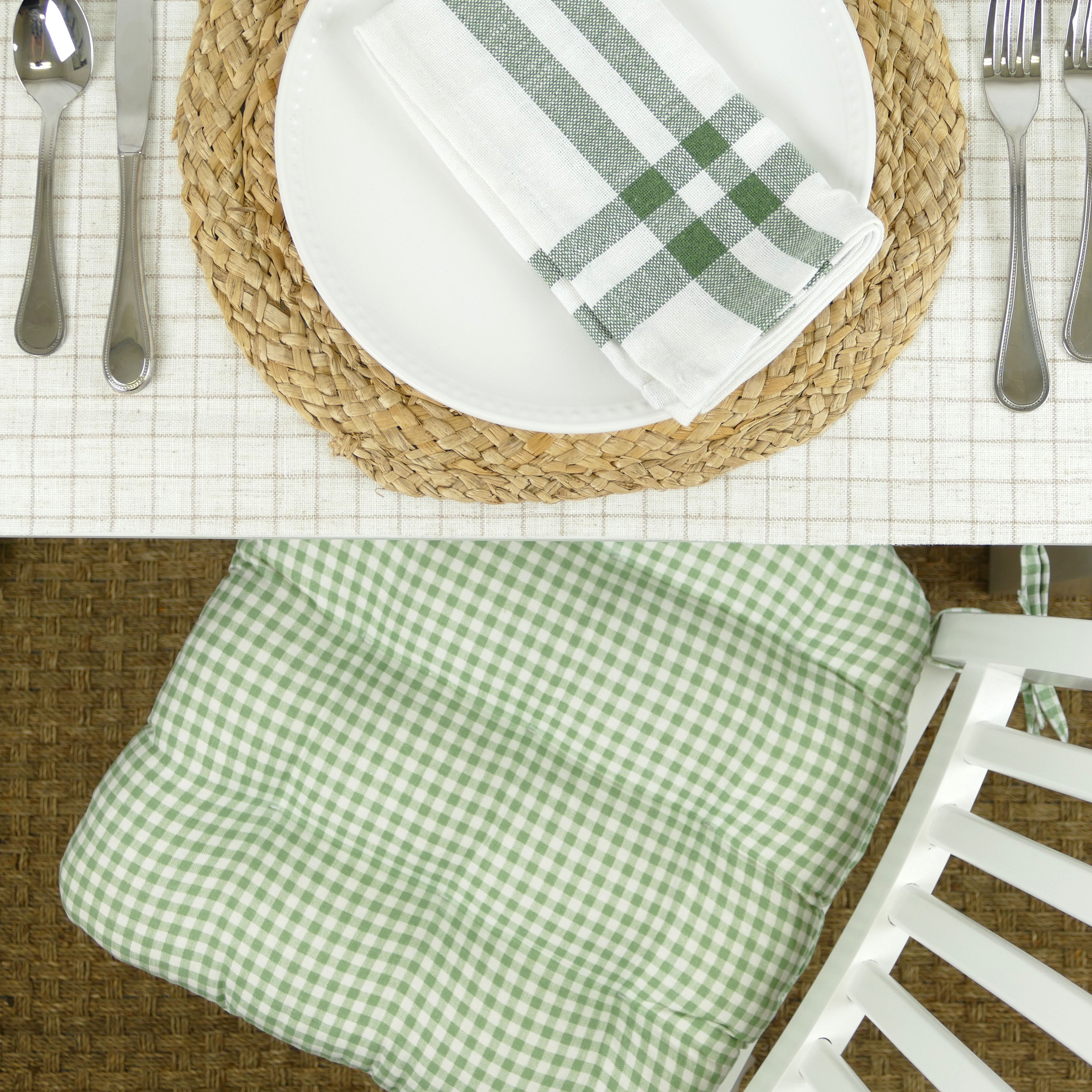 Madrid Sage Green Gingham Dining Chair Pads - Latex Foam Fill, Reversible