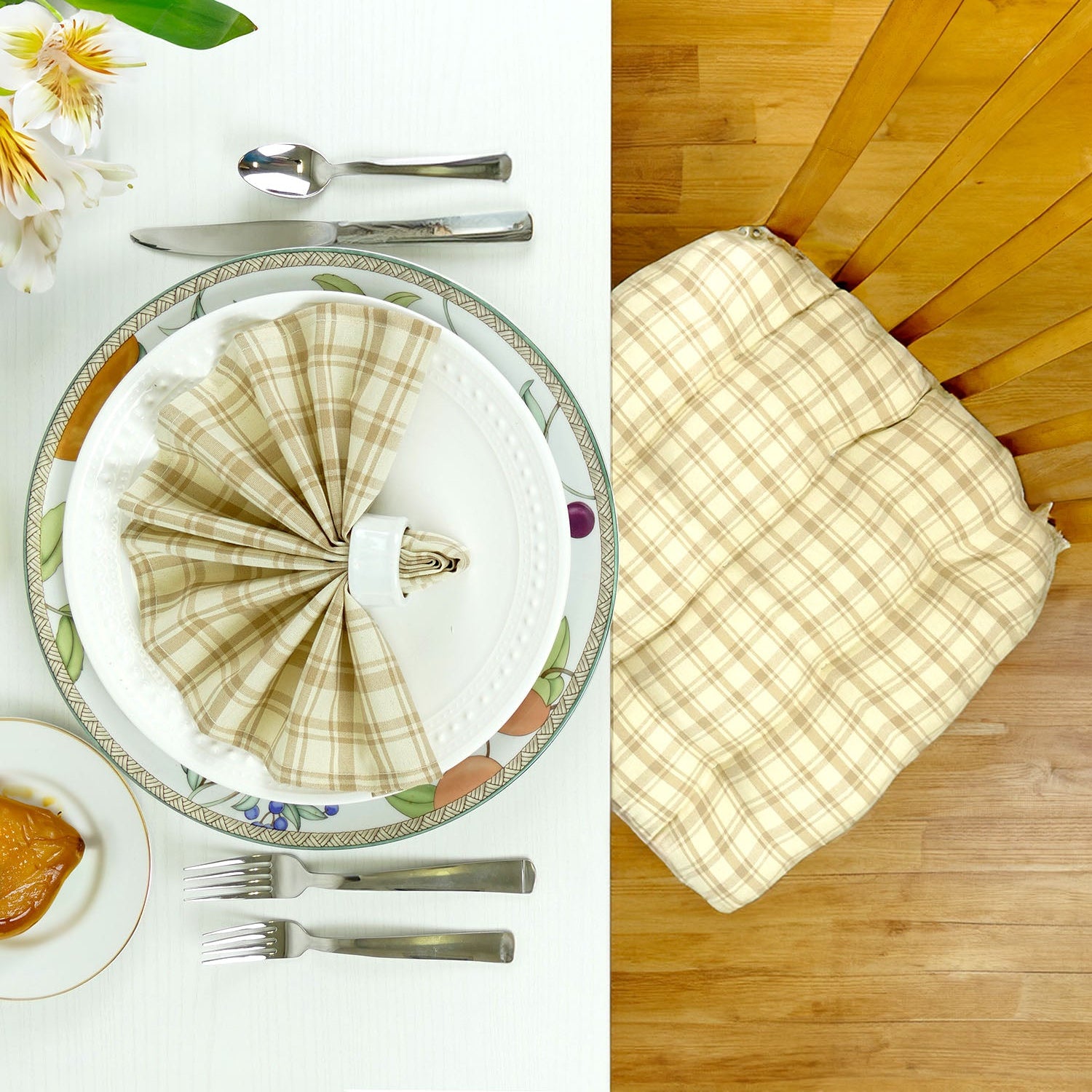 Montgomery Beige Natural Plaid Dining Chair Pads - Never Flatten Chair Cushion Tan