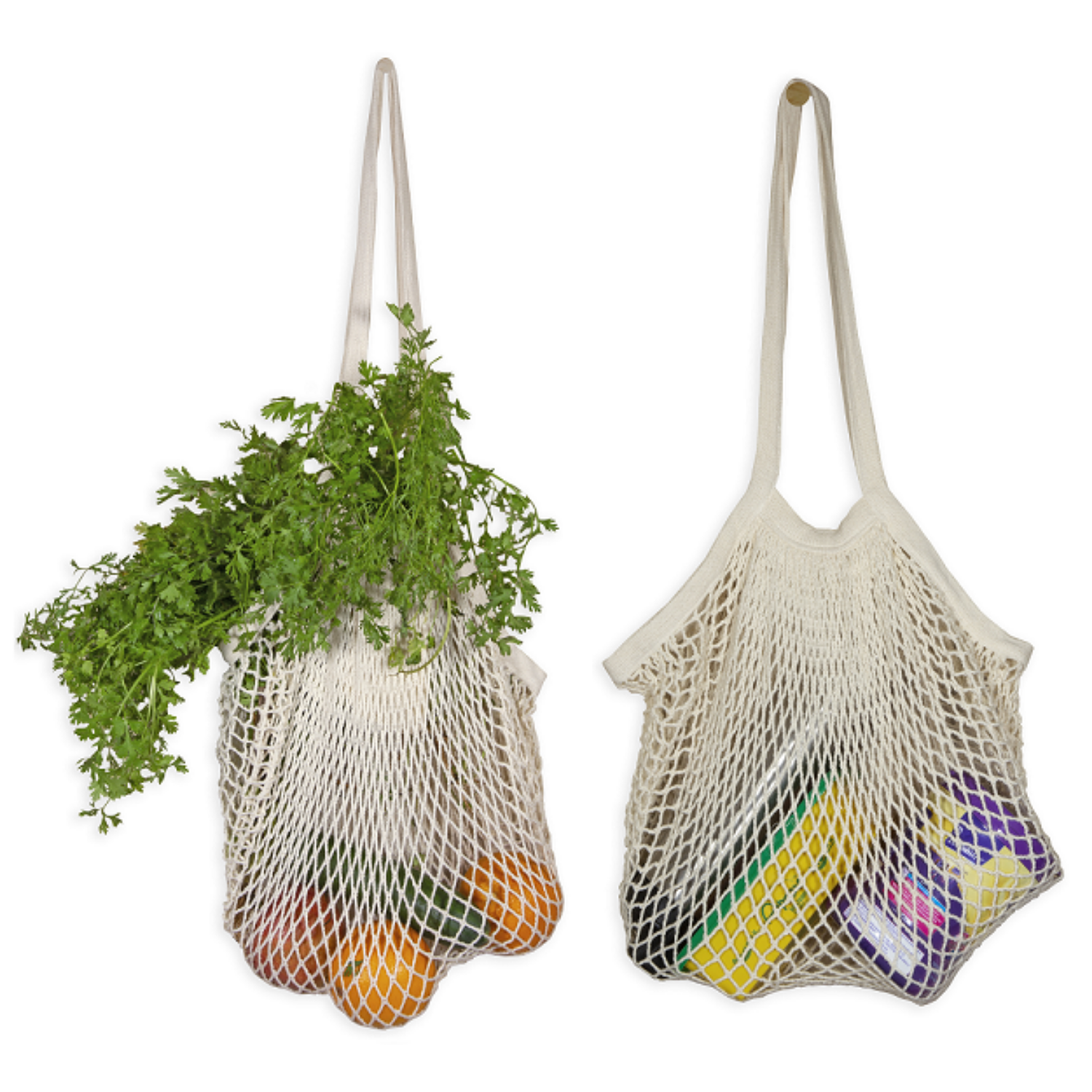organic cotton mesh reusable shopping bags holding produce and groceries