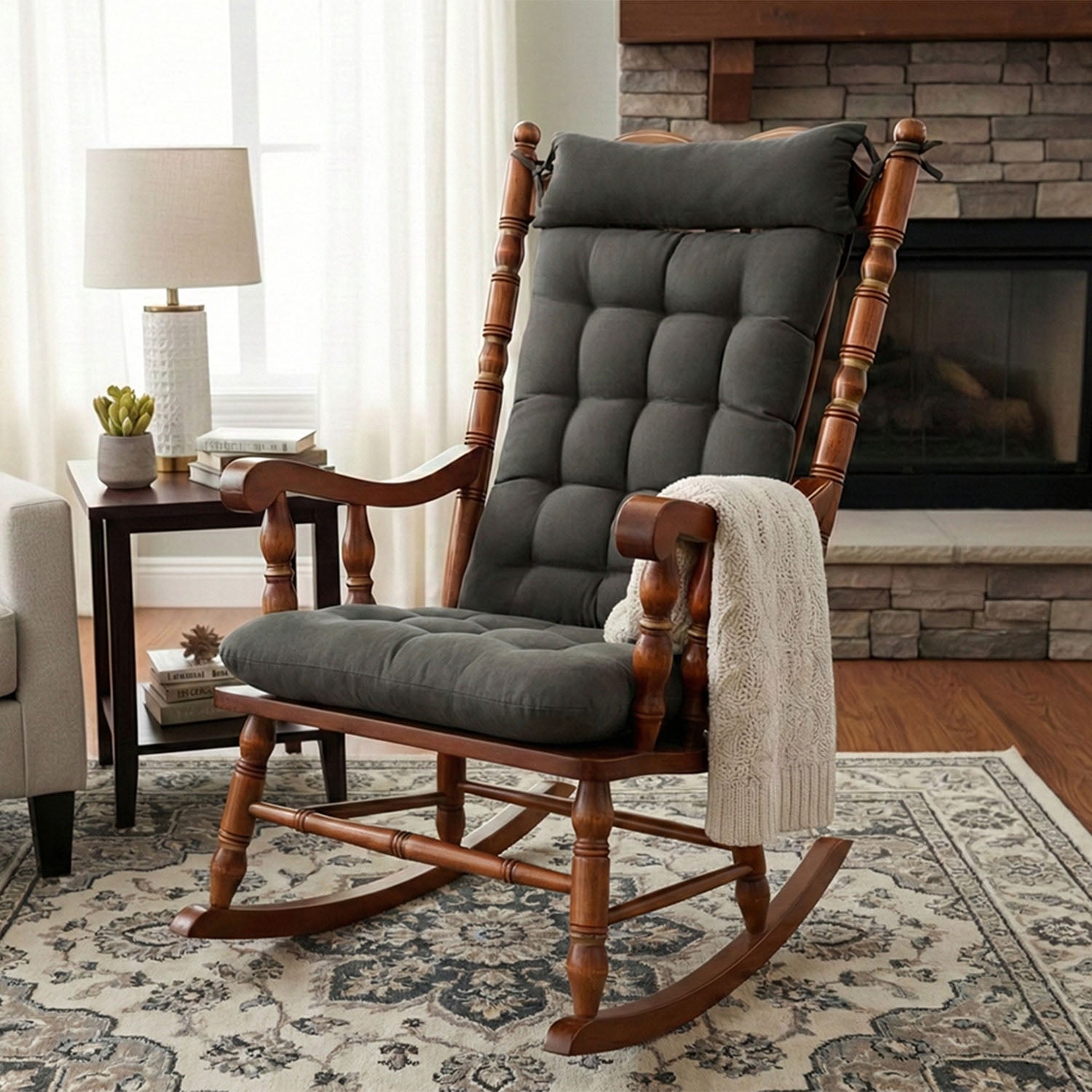 grey rocking chair cushions on wooden rocking chair