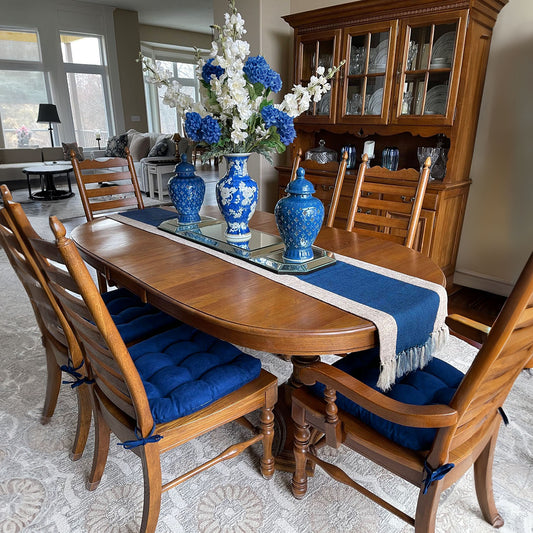 blue suede dining chair cushions in formal dining room