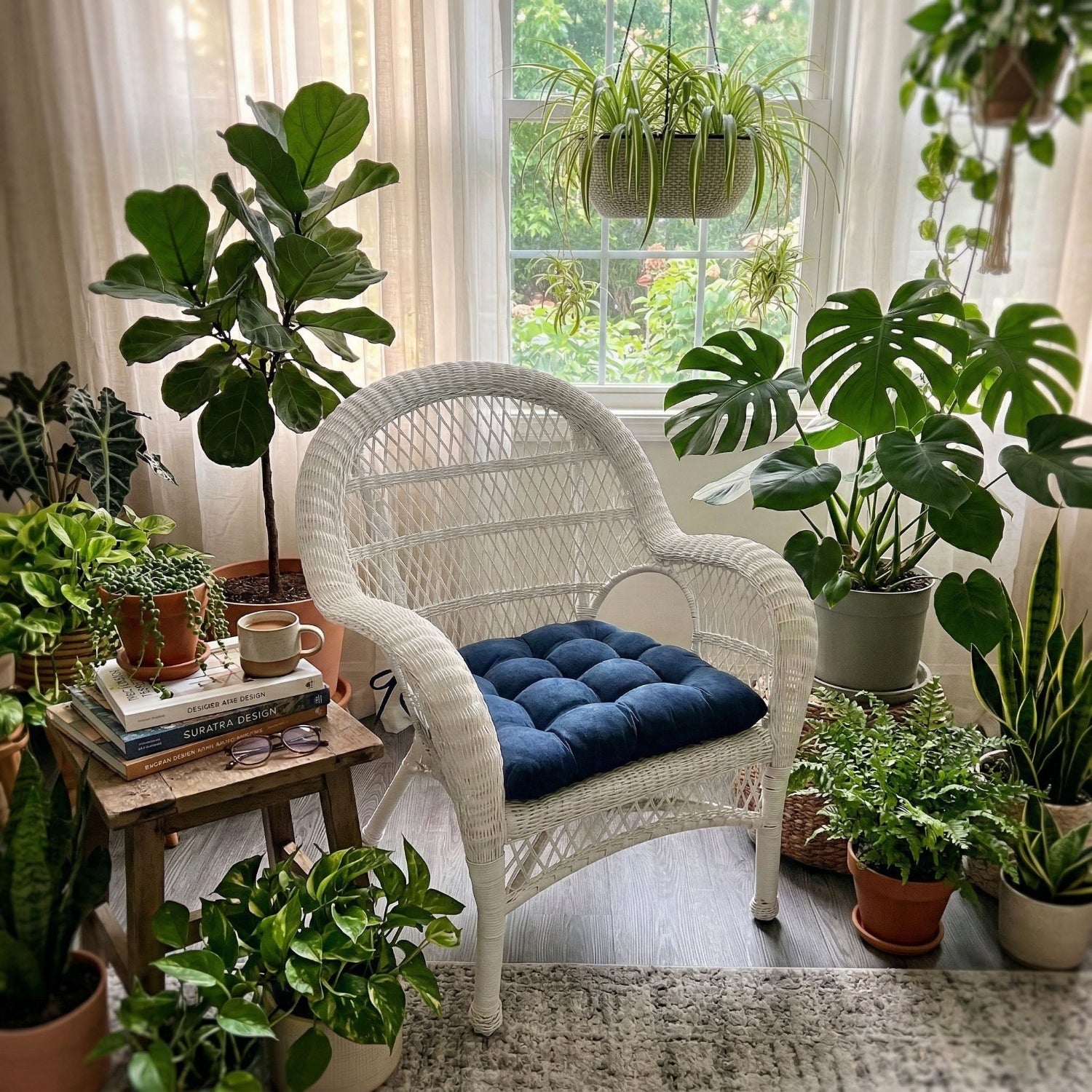 microsuede royal blue cushion on white wicker chair