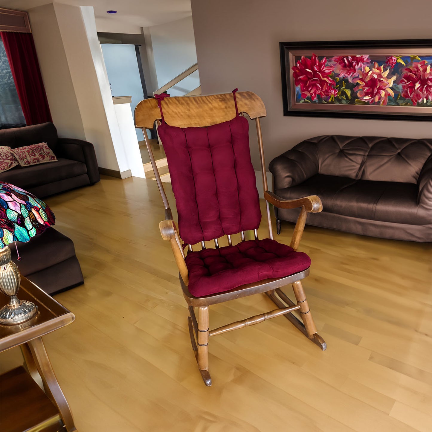 wine red rocking chair cushions on a wood rocker in a contemporary decor living room