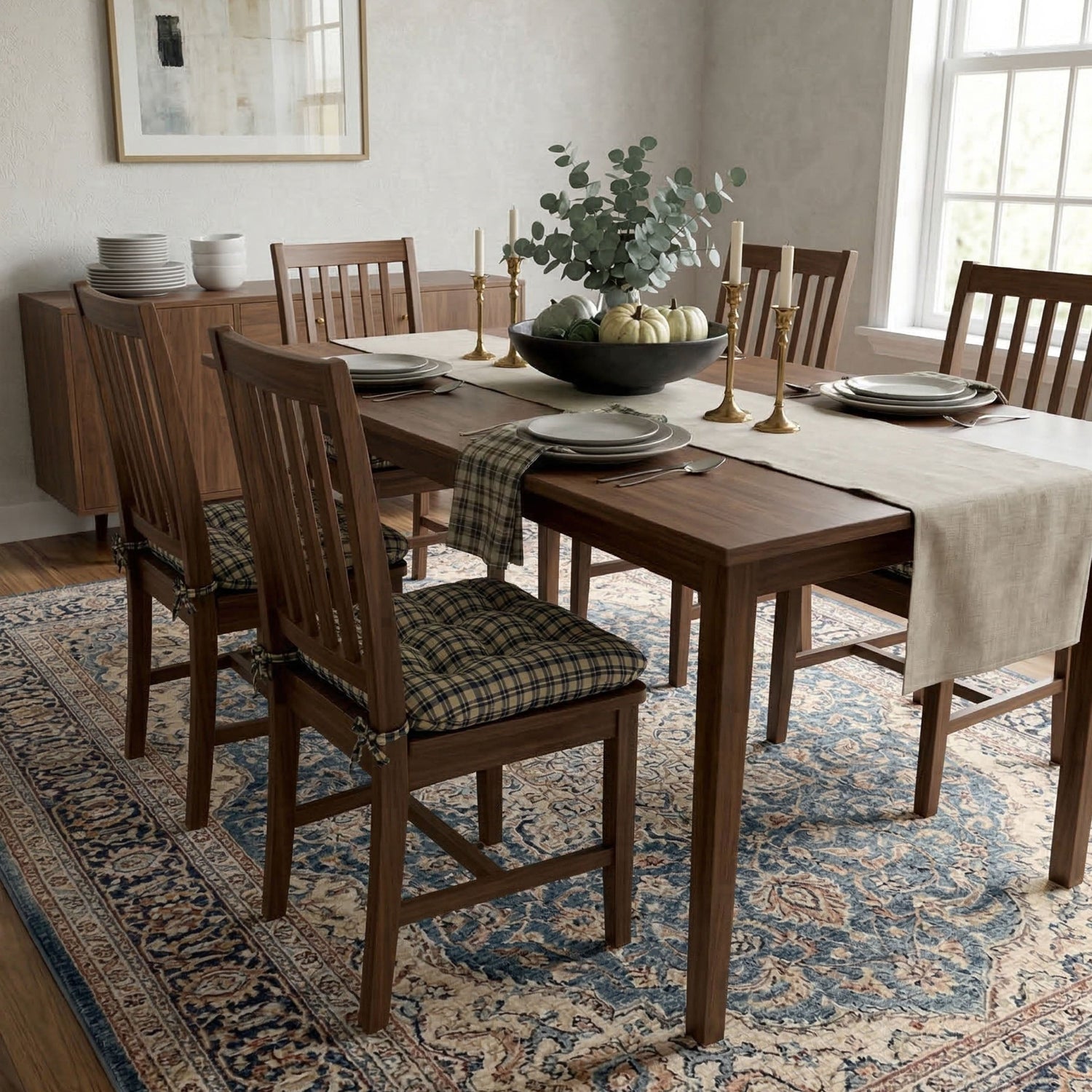 blue plaid chair cushions on wooden dining chairs