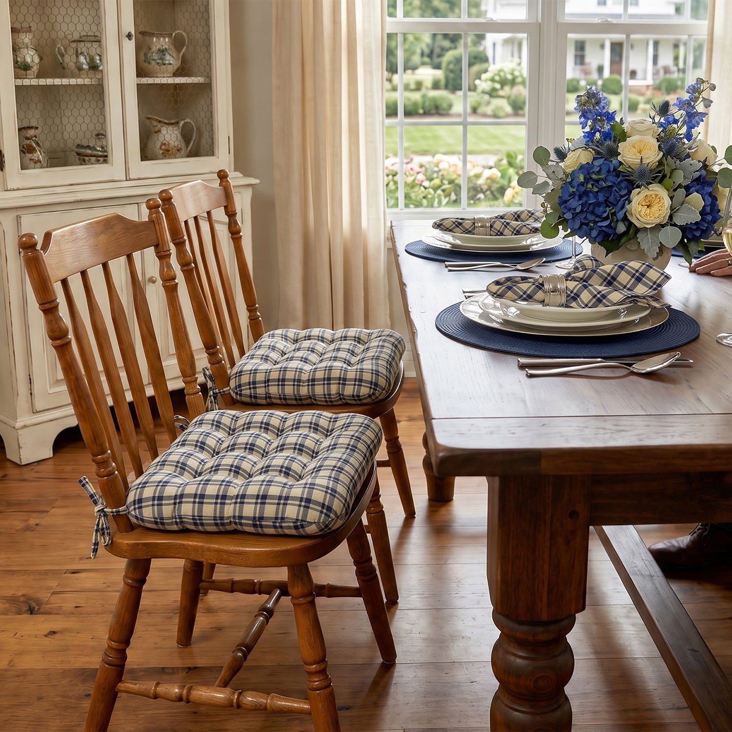 Montgomery Blue Natural Plaid Dining Chair Pads - Never Flatten Chair Cushion