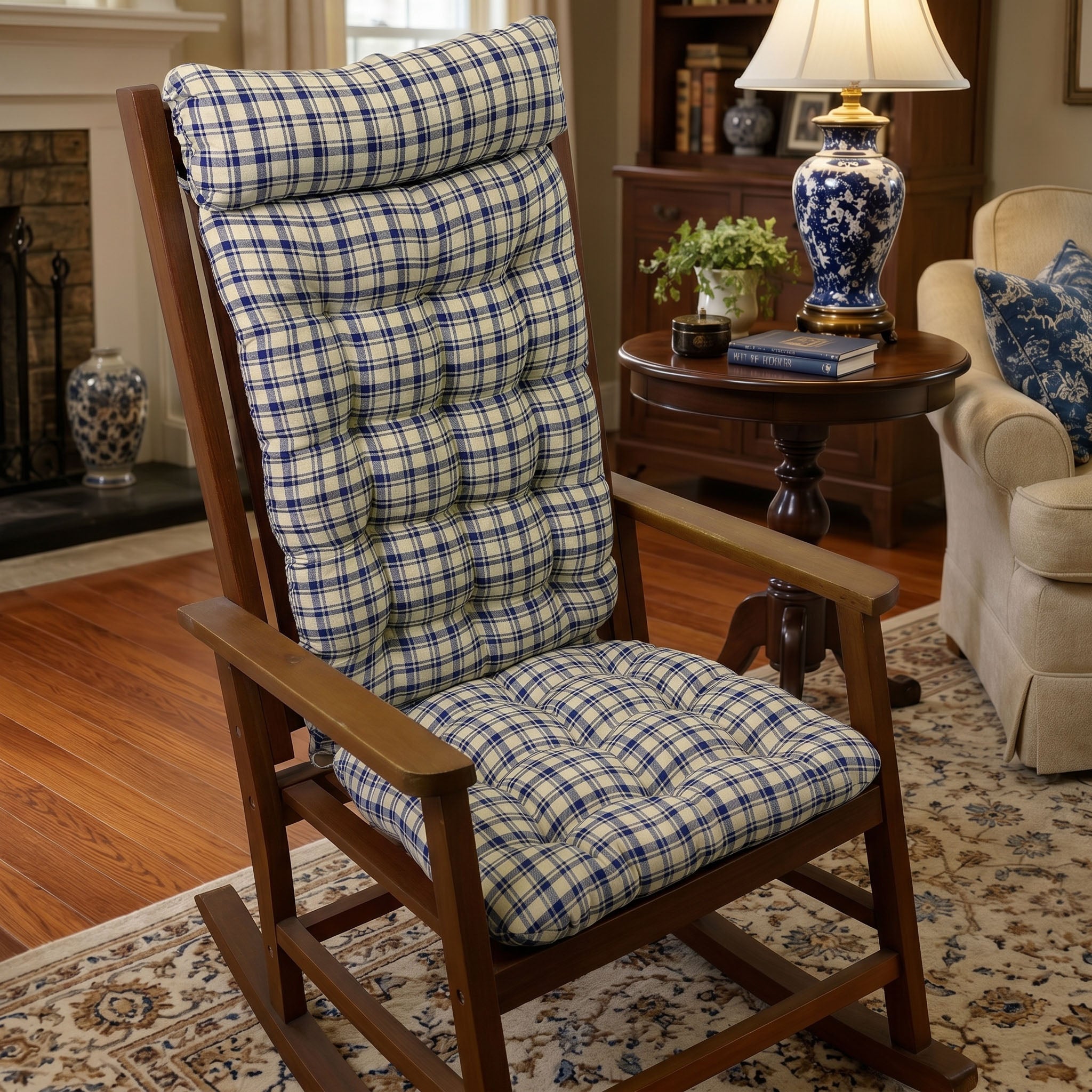 Montgomery Blue Plaid Rocking Chair Cushions - Never Flatten Rocker Chair Cushion
