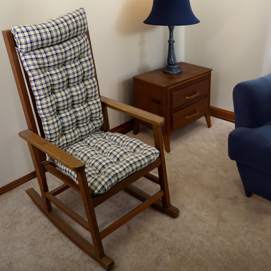 blue plaid rocking chair cushions on a wood rocker