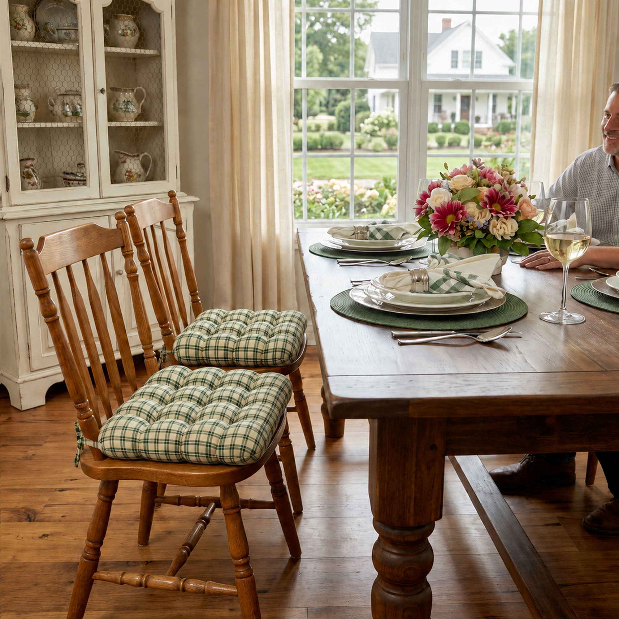 Montgomery Green Natural Plaid Dining Chair Pads - Never Flatten Chair Cushion