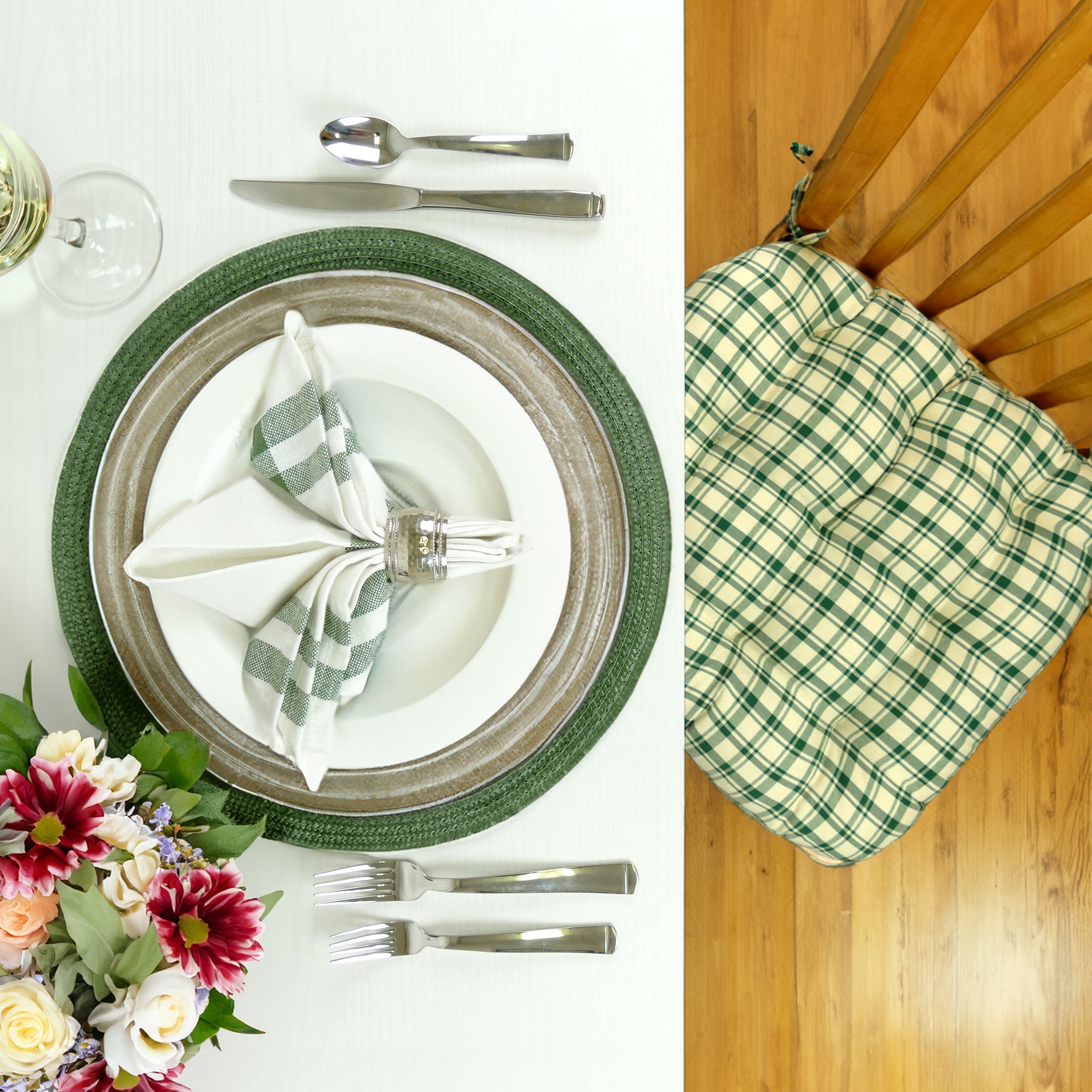 Montgomery Green Natural Plaid Dining Chair Pads - Never Flatten Chair Cushion