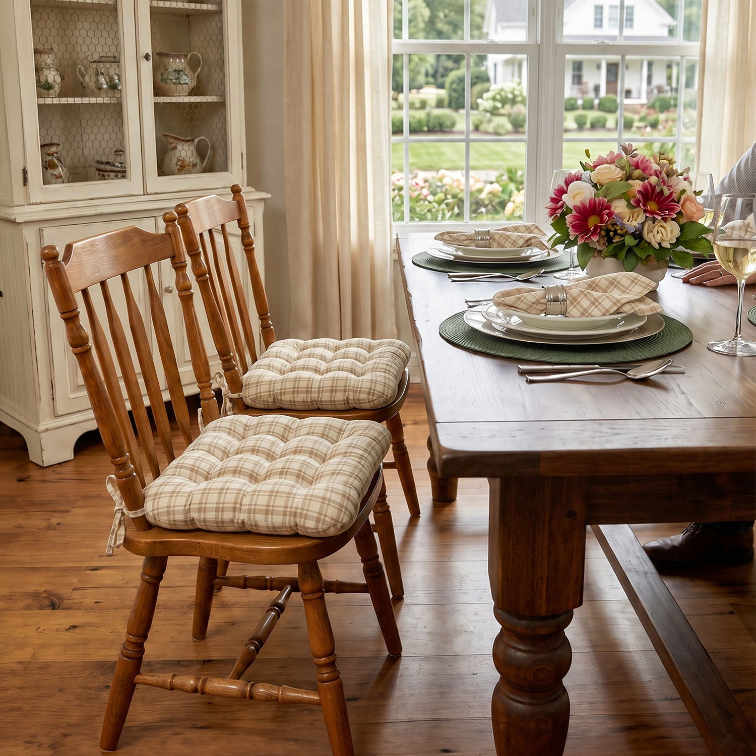 Montgomery Beige Natural Plaid Dining Chair Pads - Never Flatten Chair Cushion Tan
