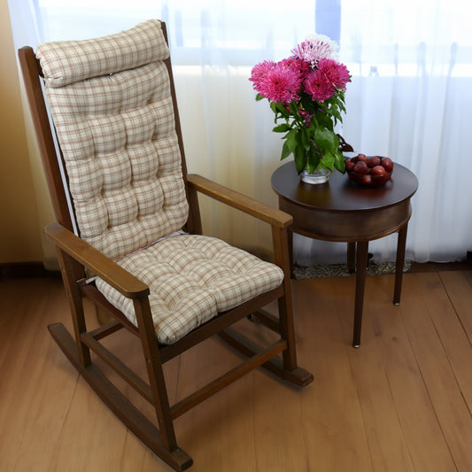 neutral beige plaid rocking chair cushions on wood rocker