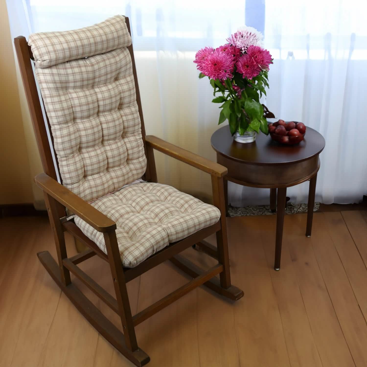 neutral beige plaid rocking chair cushions on wood rocker