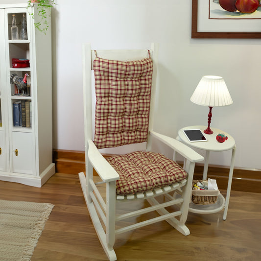 red plaid rocking chair cushions on a white rocker in a farmhouse living room