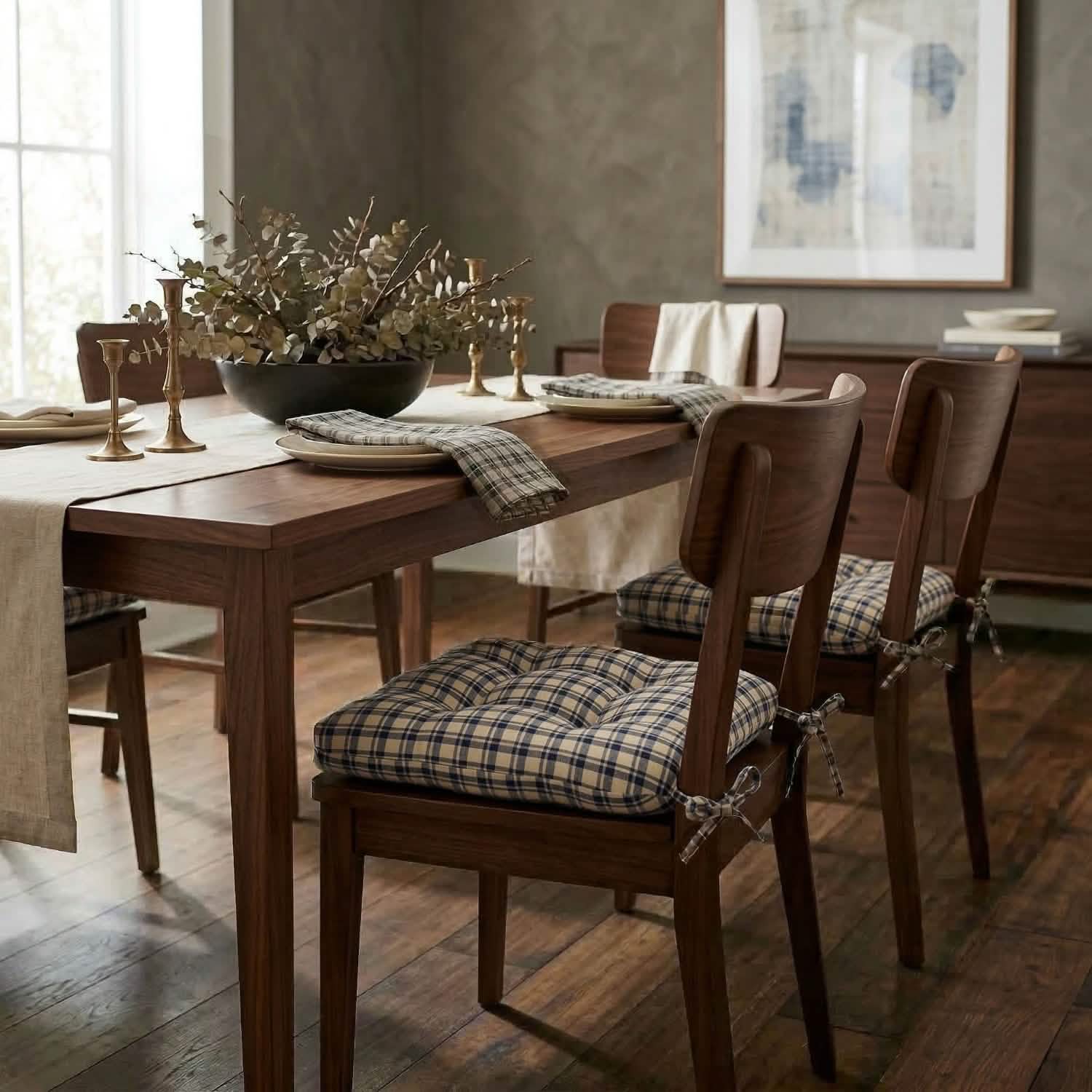 blue plaid cloth napkins with matching chair cushions in mid century modern dining room