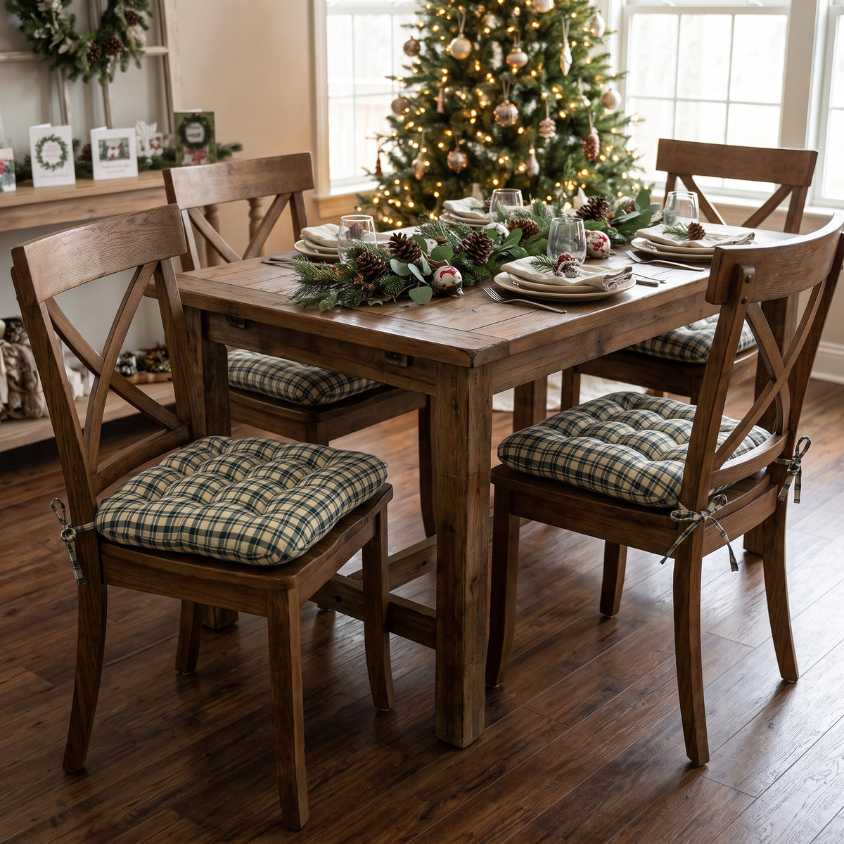 Montgomery Green Natural Plaid Dining Chair Pads - Never Flatten Chair Cushion