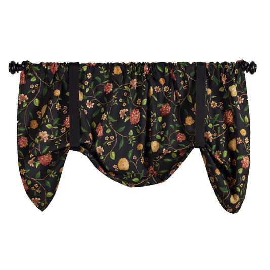 Nassau Black Floral Tie-Up Valance or Tier Curtain Window Treatments