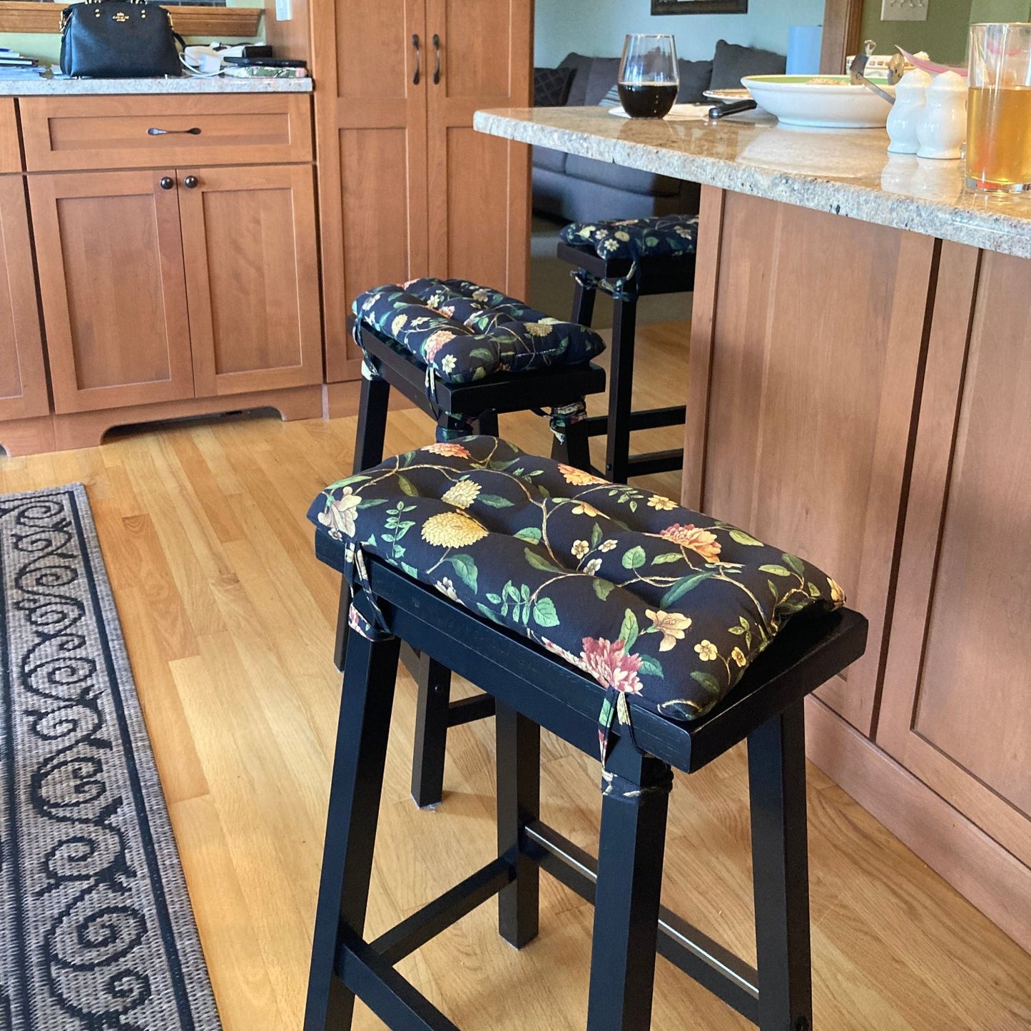 Nassau Vine Black Floral Saddle Stool Cushion