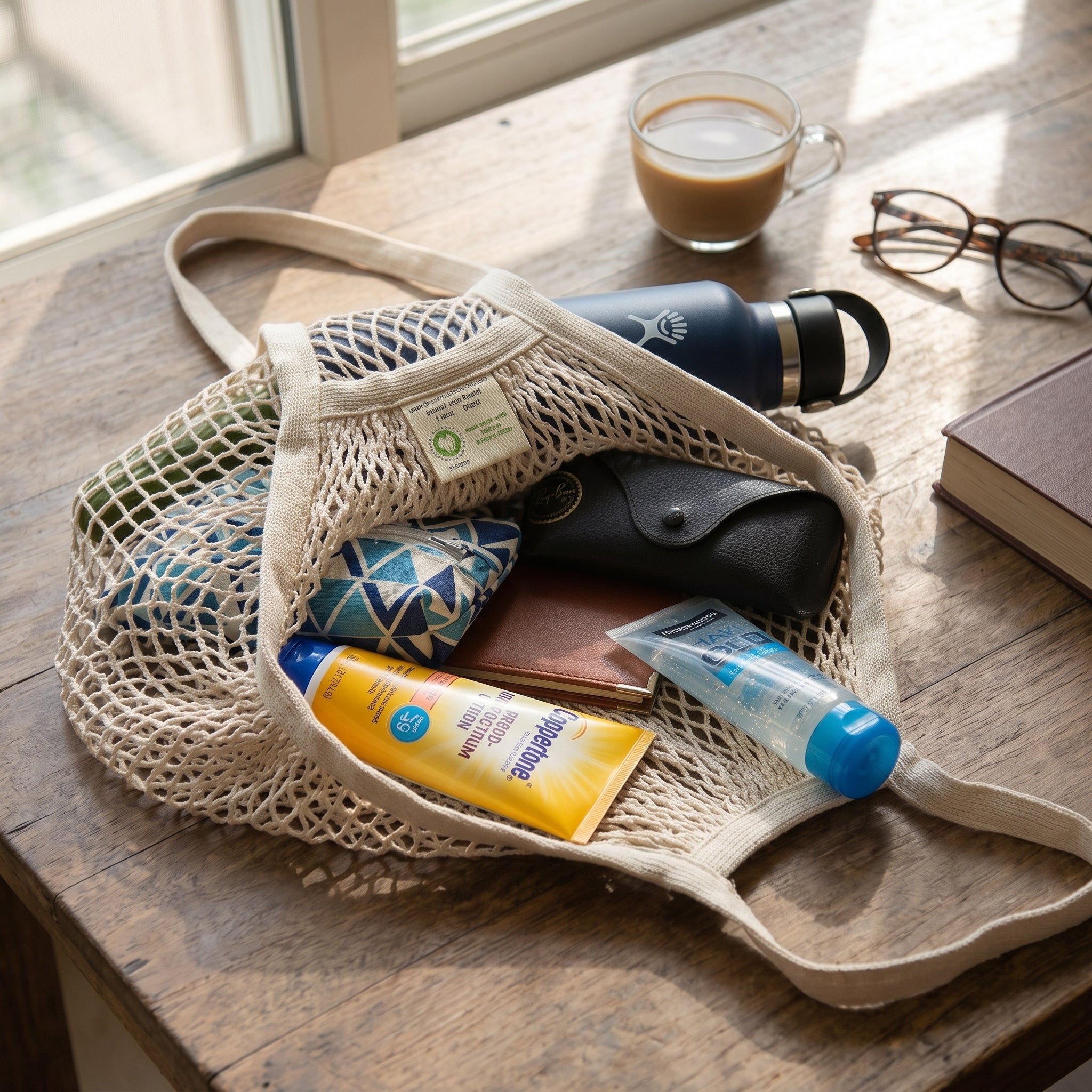 A beige mesh tote bag filled with travel items, including a blue water bottle, sunglasses, a yellow sunscreen tube, a blue tube, a wallet, and a brown case for eyeglasses.