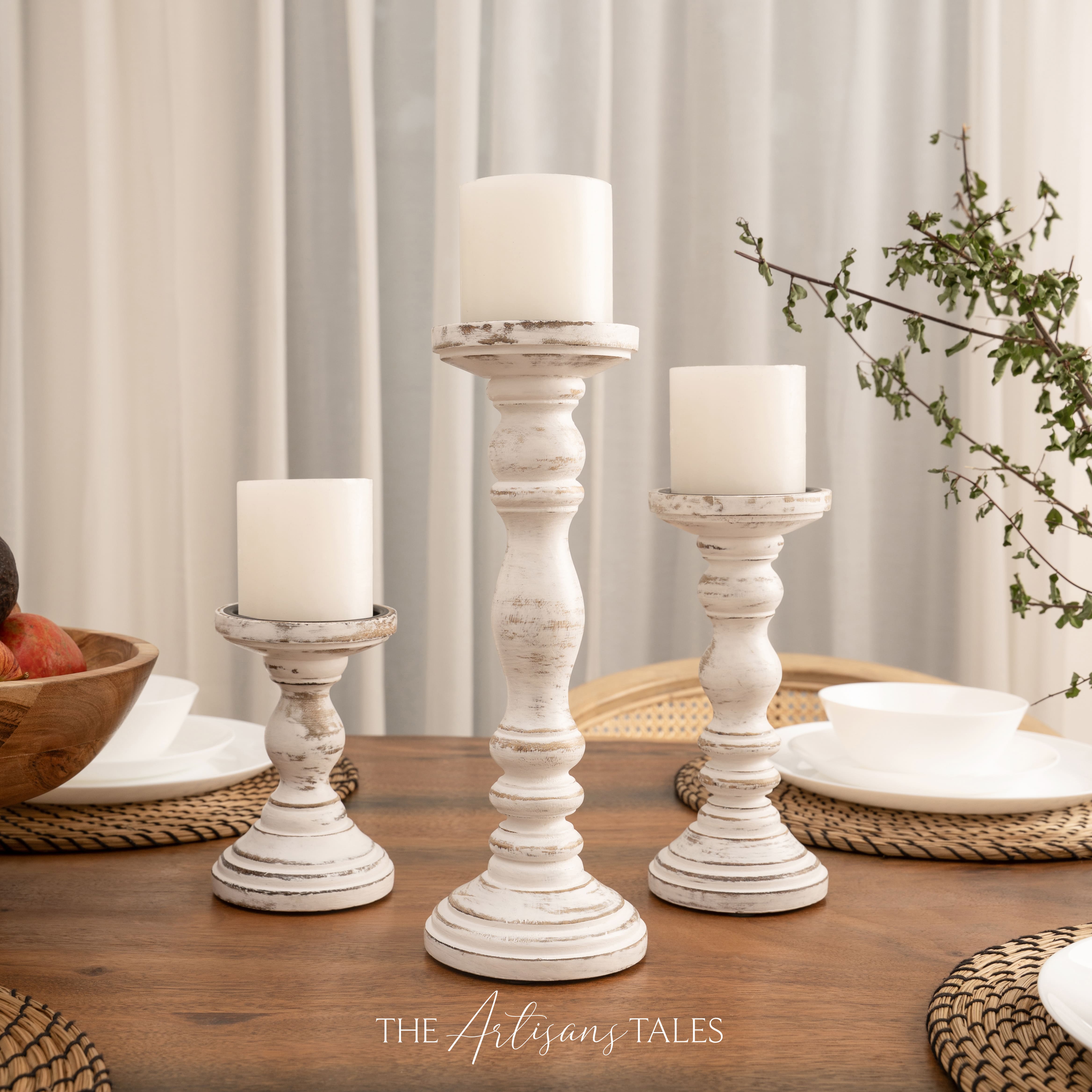 White Rustic Wooden Candle Holders - Set of 3 - 6", 9", 12"