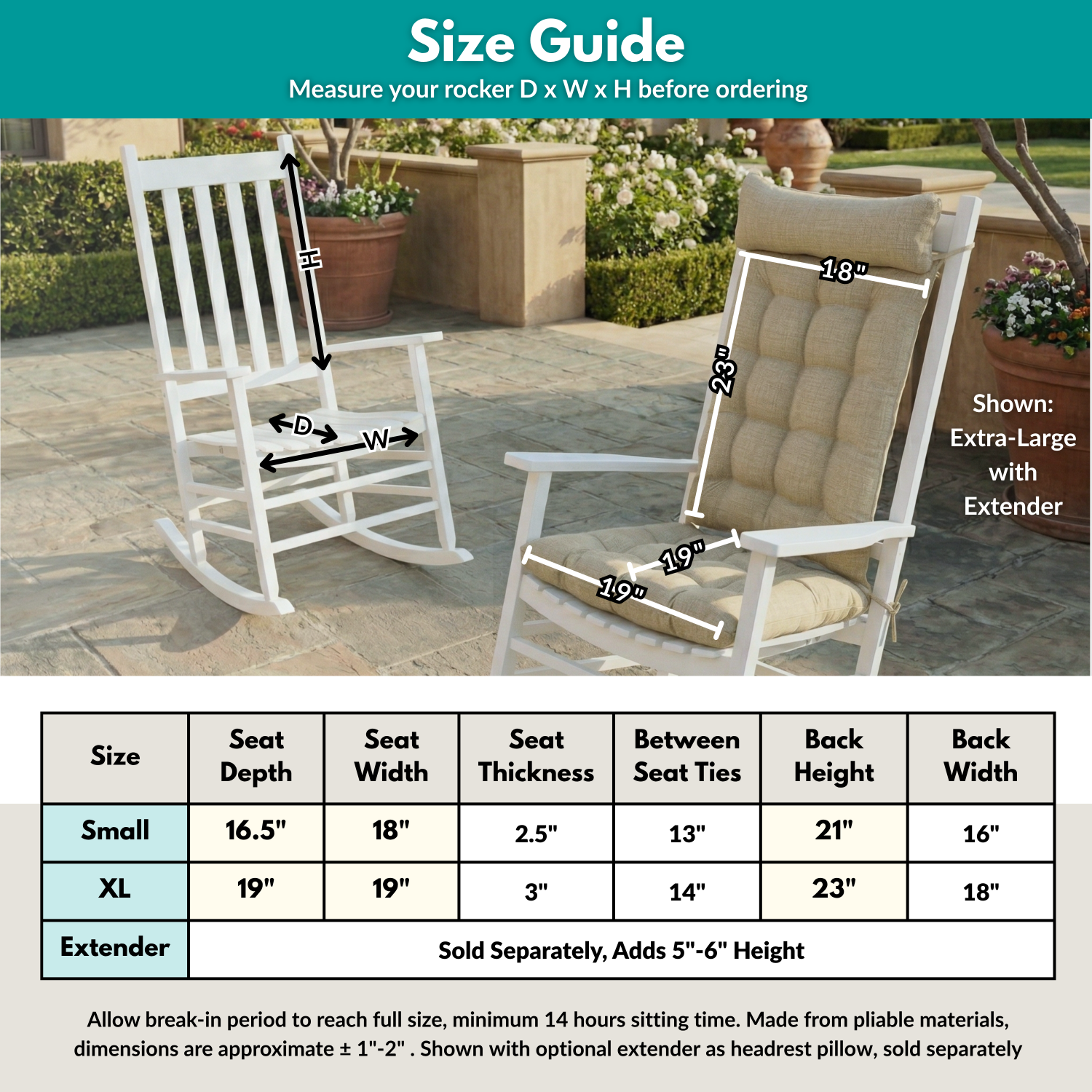 Size guide for outdoor rocking chairs with measurements and an example of the chairs on a patio.
