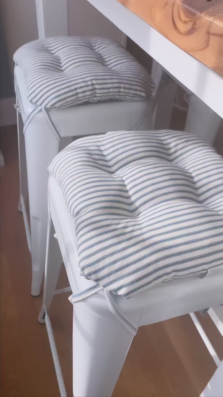 Ticking Stripe Blue Square Industrial Bar Stool Cushion - 12