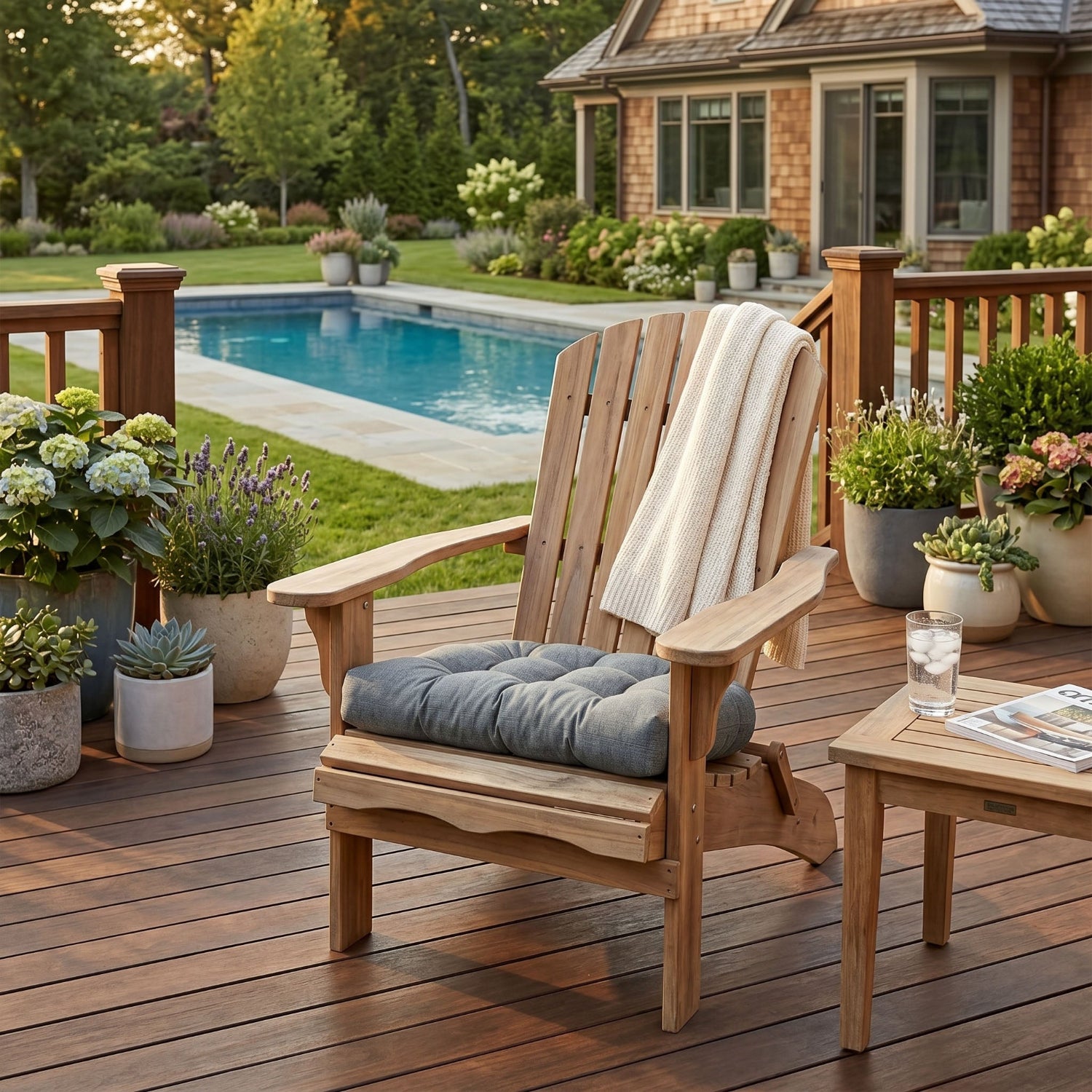 grey adirondack chair cushion on the deck by the pool