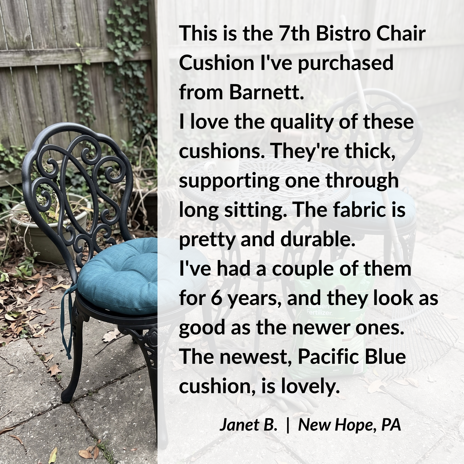 a round cushion on a wrought iron bistro chair in the back yard with barnett customer reviews