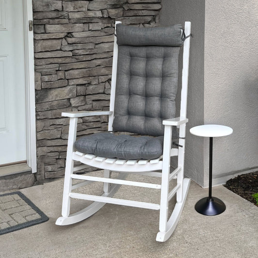 grey outdoor rocking chair cushions on a white porch rocker