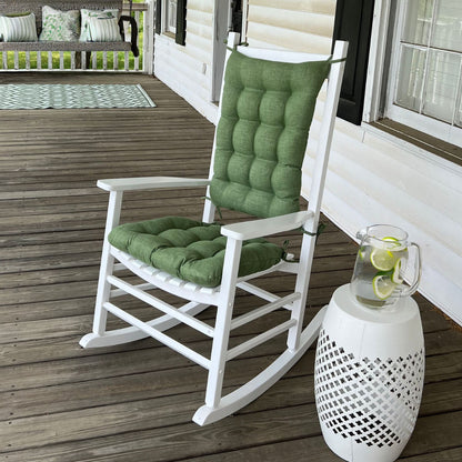rave sage green porch rocking cushions on a white rocking chair of a farmhouse