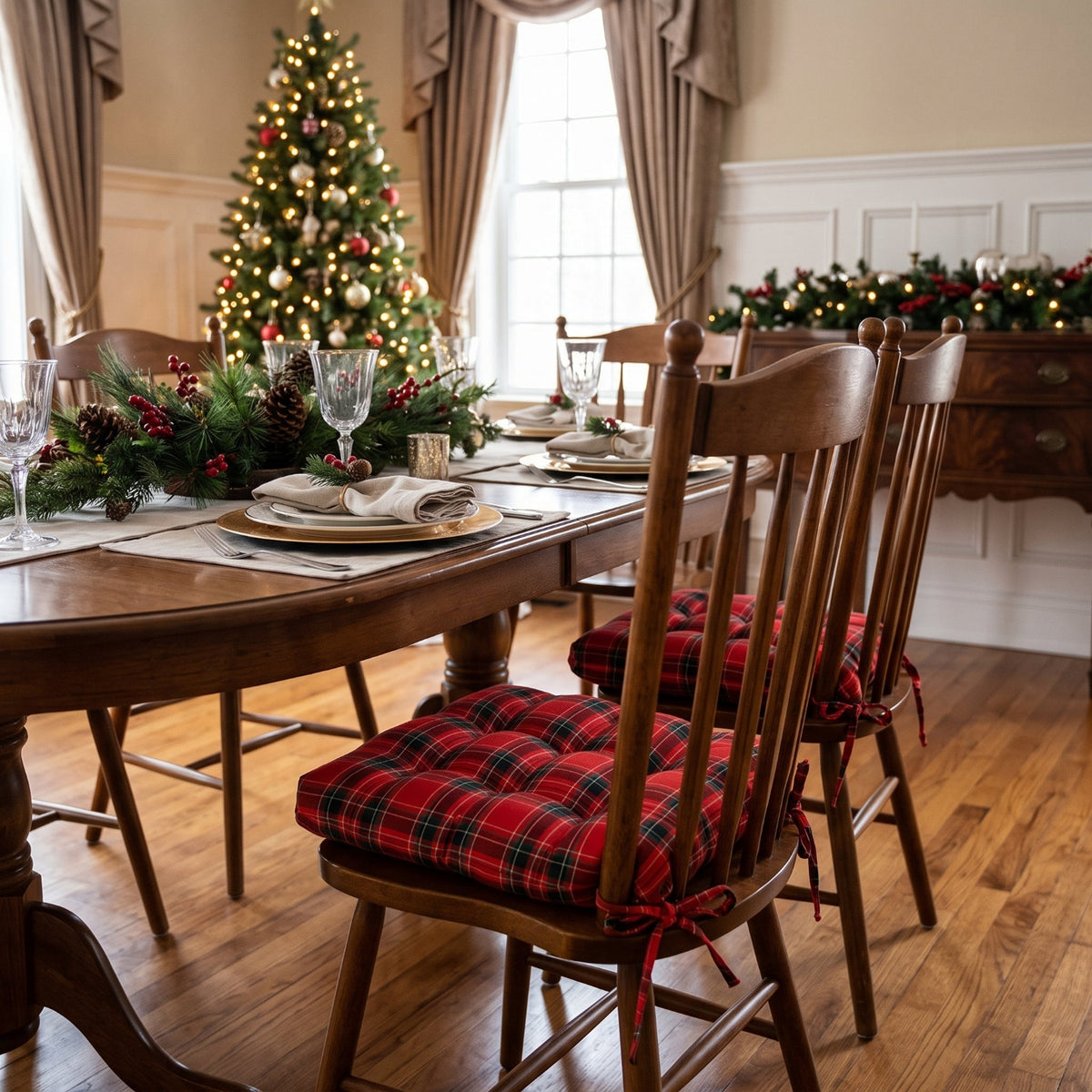 red plaid dining chair cushions in a dining room decorated for christmas with wooden dining chairs