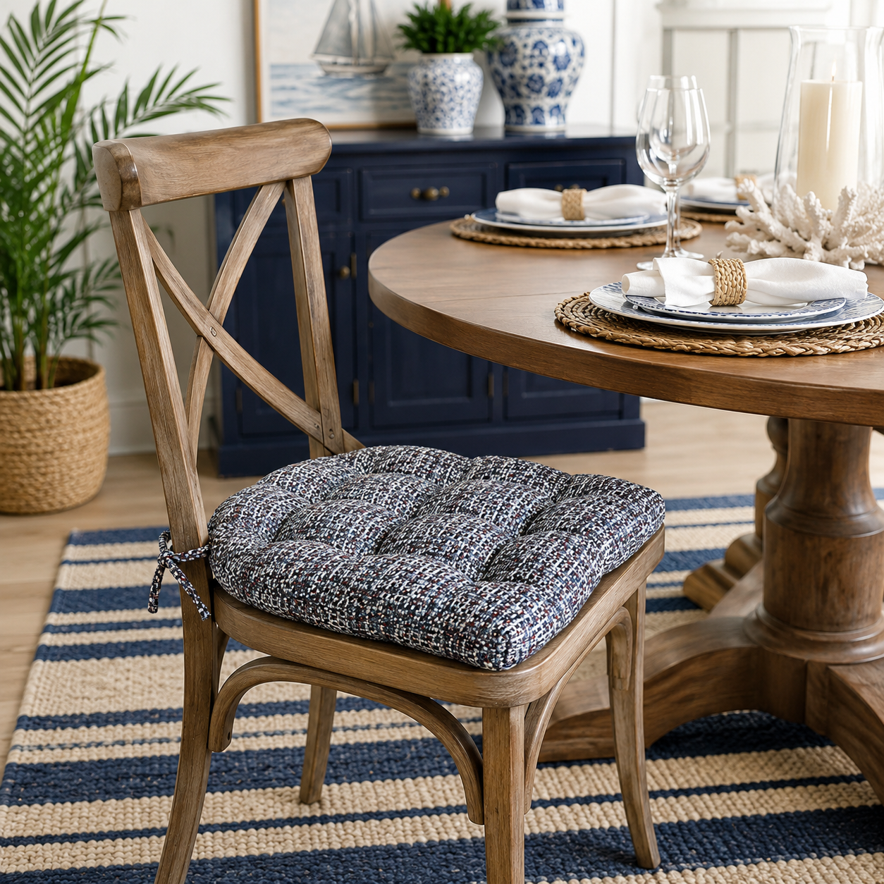 Rian Nautical Dining Chair Pads - Reversible, Latex Foam Fill