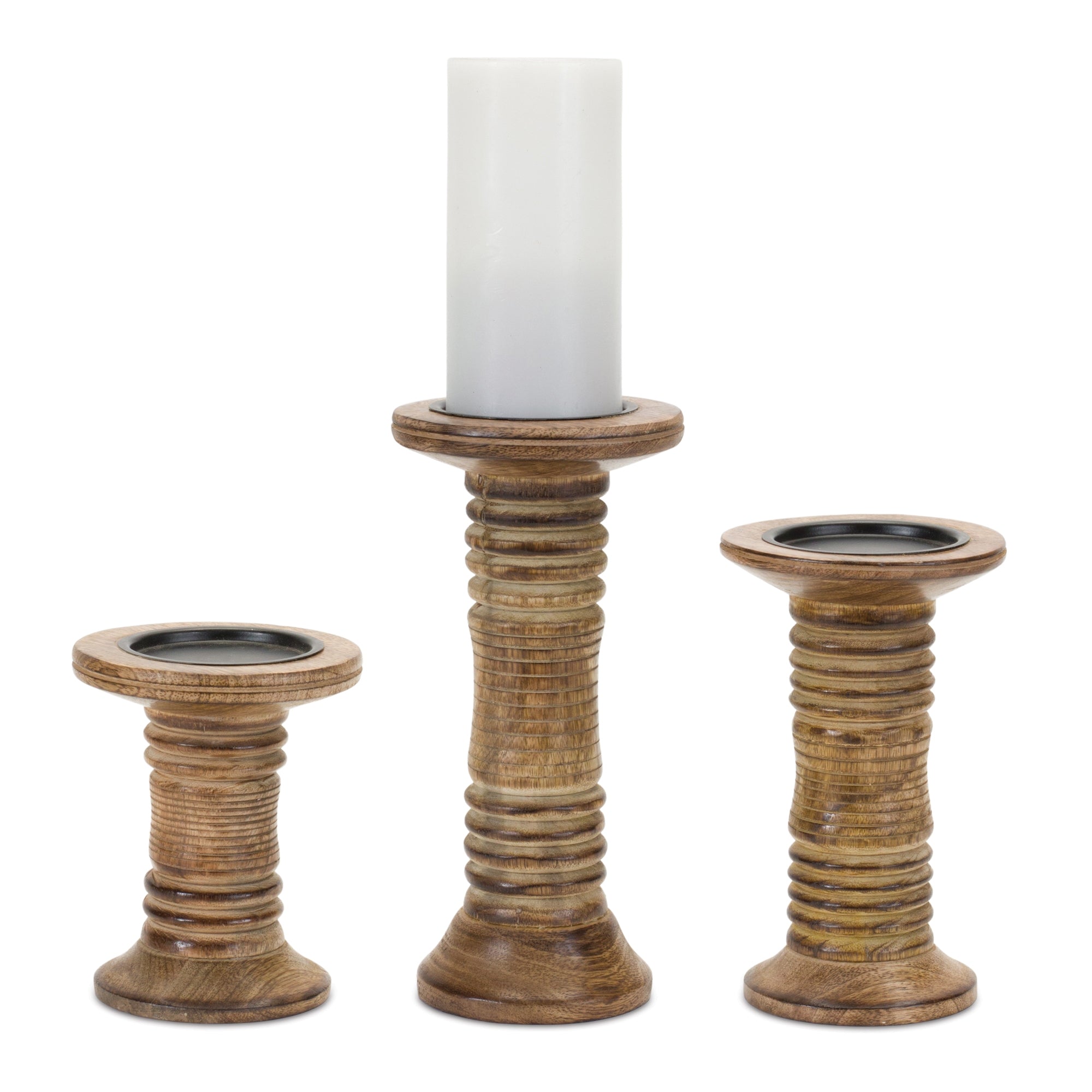 Ribbed Wooden Pillar Candle Holder