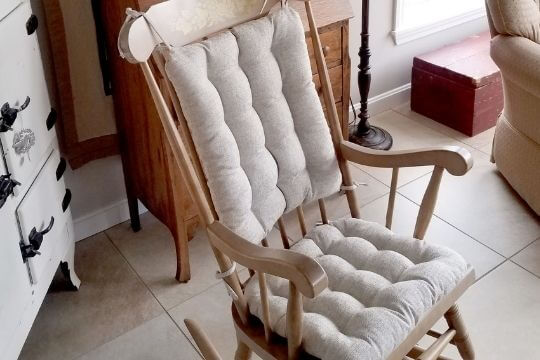 rocking chair cushions on wooden rocker in living room with seat cushion and chair back cushion