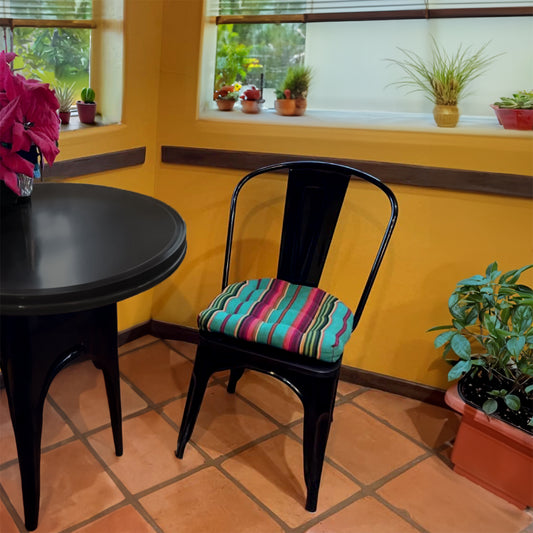 SARAPE STRIPED CUSHIONS FOR METAL CHAIRS IN MEXICAN STYLE KITCHEN WITH TOLIX CHAIRS AND TERRACOTTA TILES