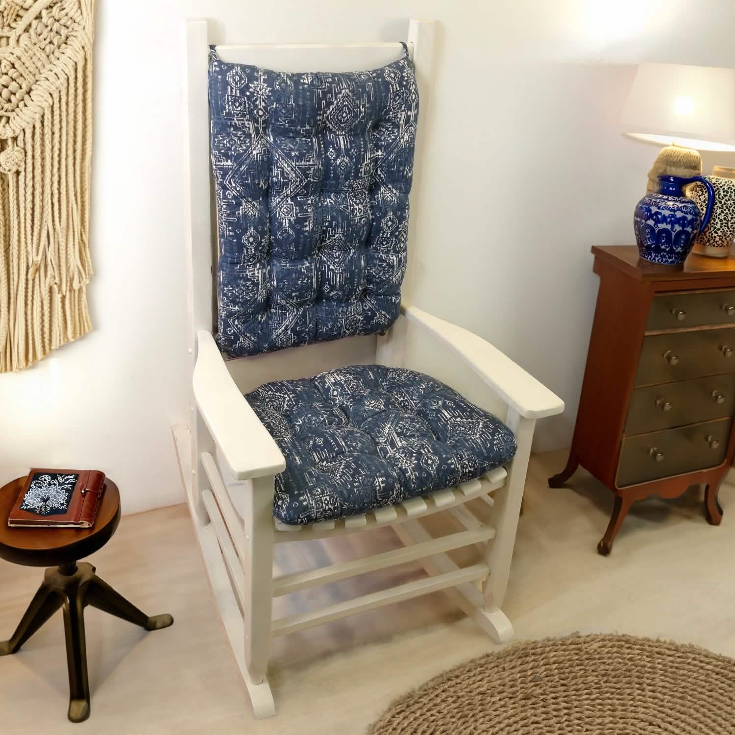 blue aztec pattern rocking chair cushions on white rocker with navajo art