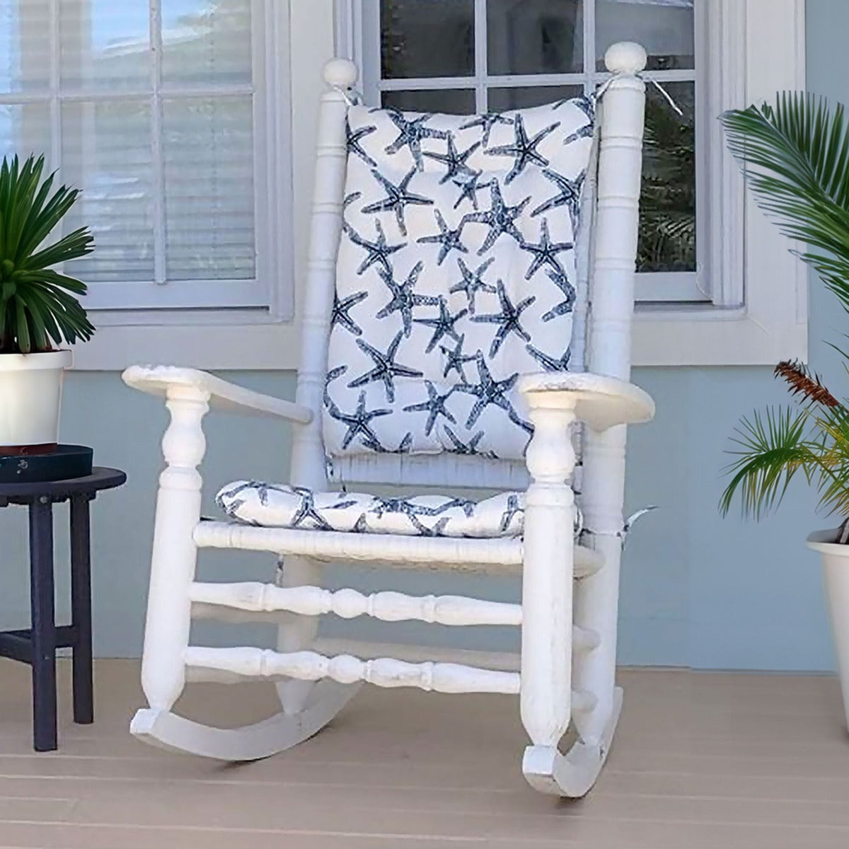 coastal rocking chair cushions with navy blue starfish on white rocker pads