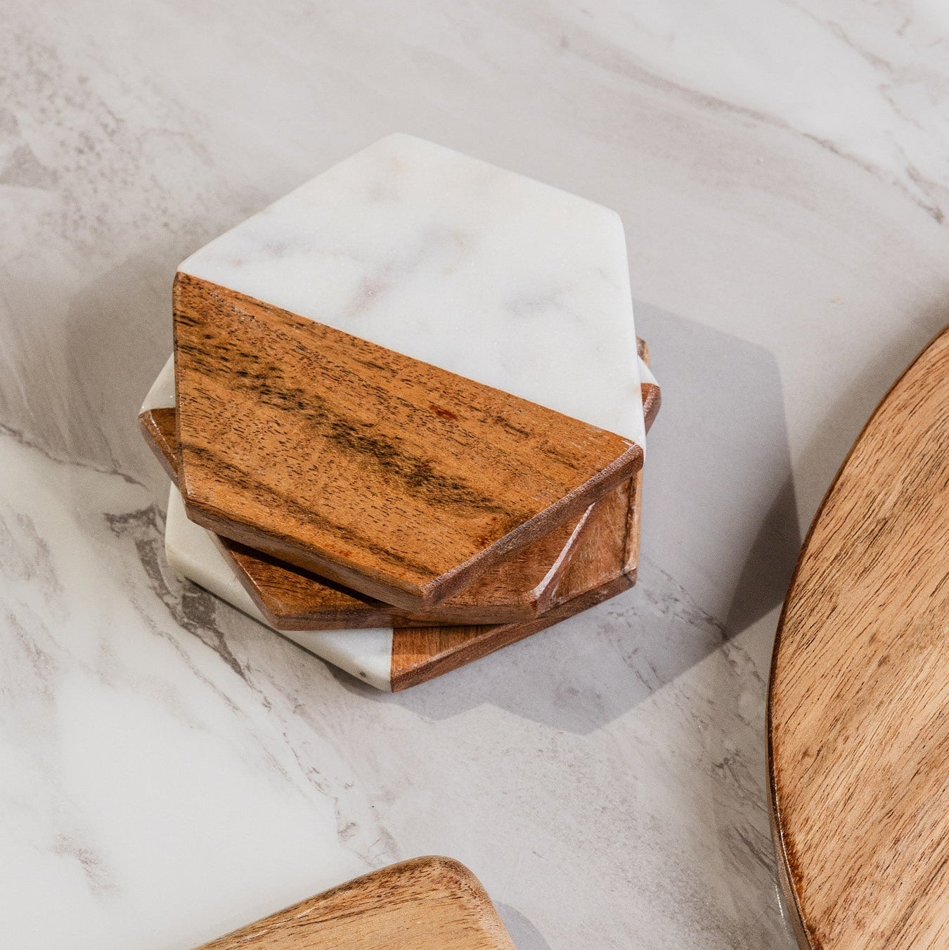 White Marble & Wood Coasters - Set of 4, Hexagon