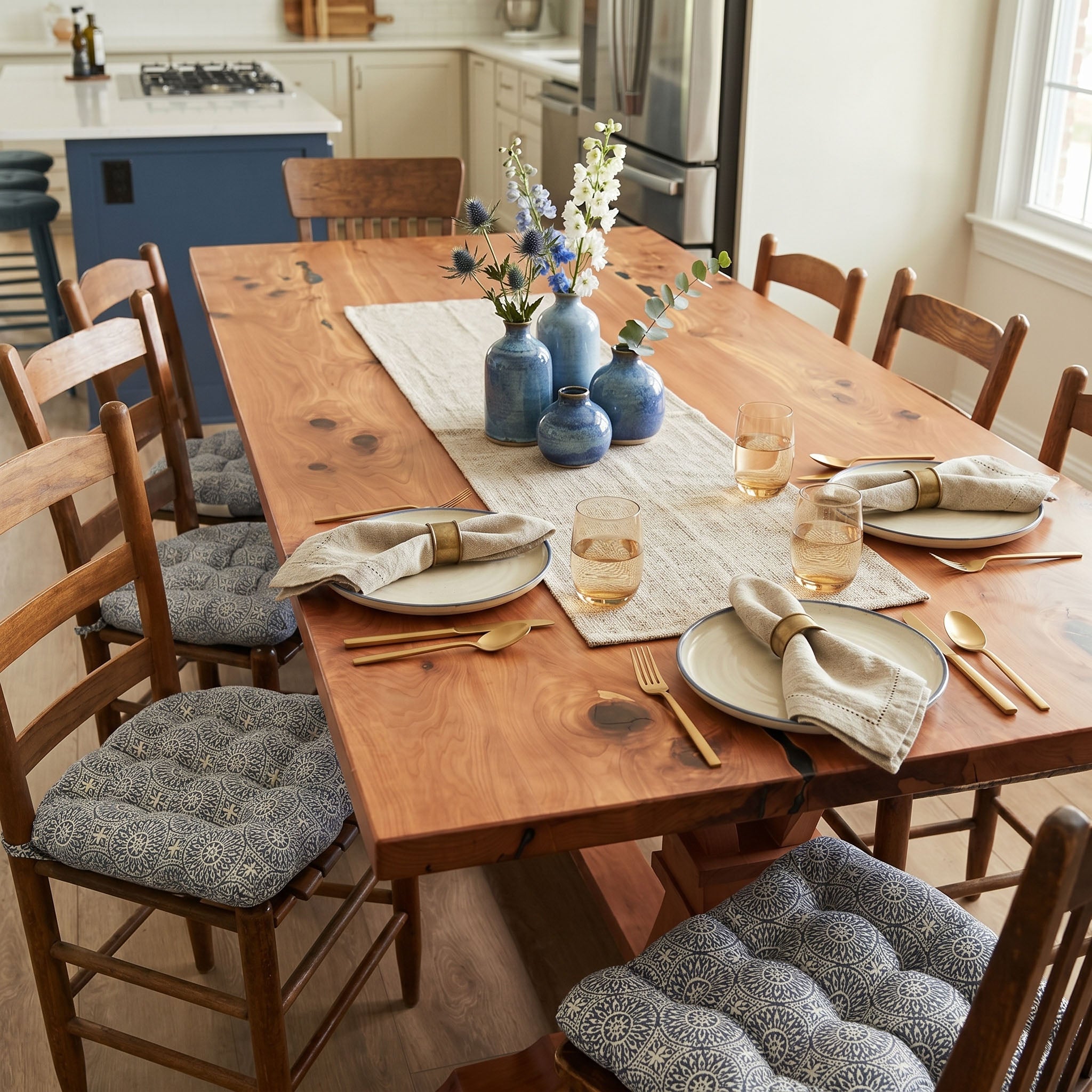 blue and white cushions for dining room chairs