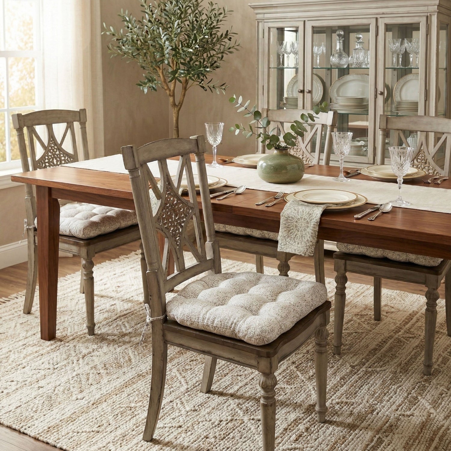 grey dining chair pads in a formal dining room with traditional dining table and chairs